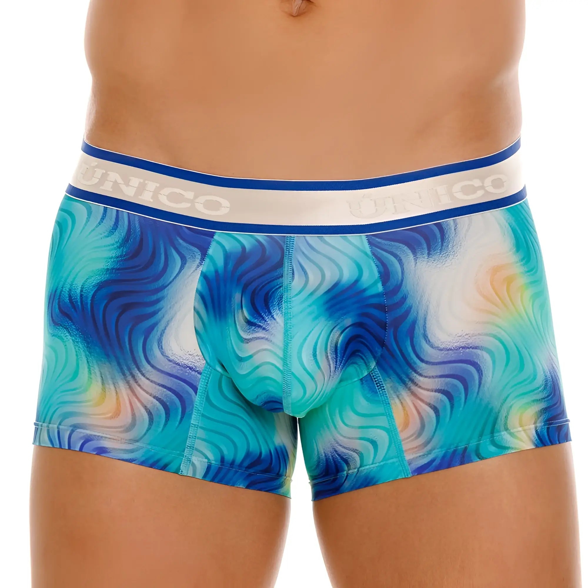 Unico 24100100105 moscatel trunks in blue feature teal wave-patterned men’s boxer briefs with a white waistband