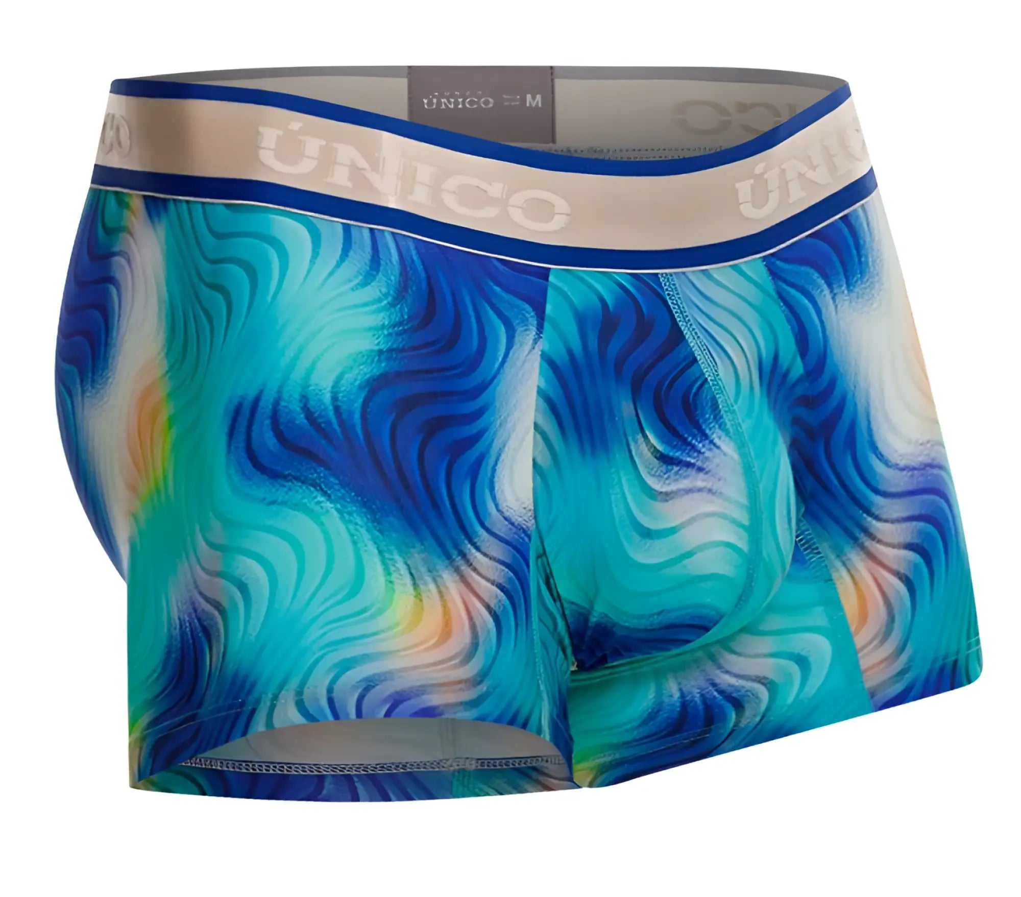 Unico 24100100105 moscatel trunks men’s boxer briefs in blue and teal wave pattern with beige waistband and brand name