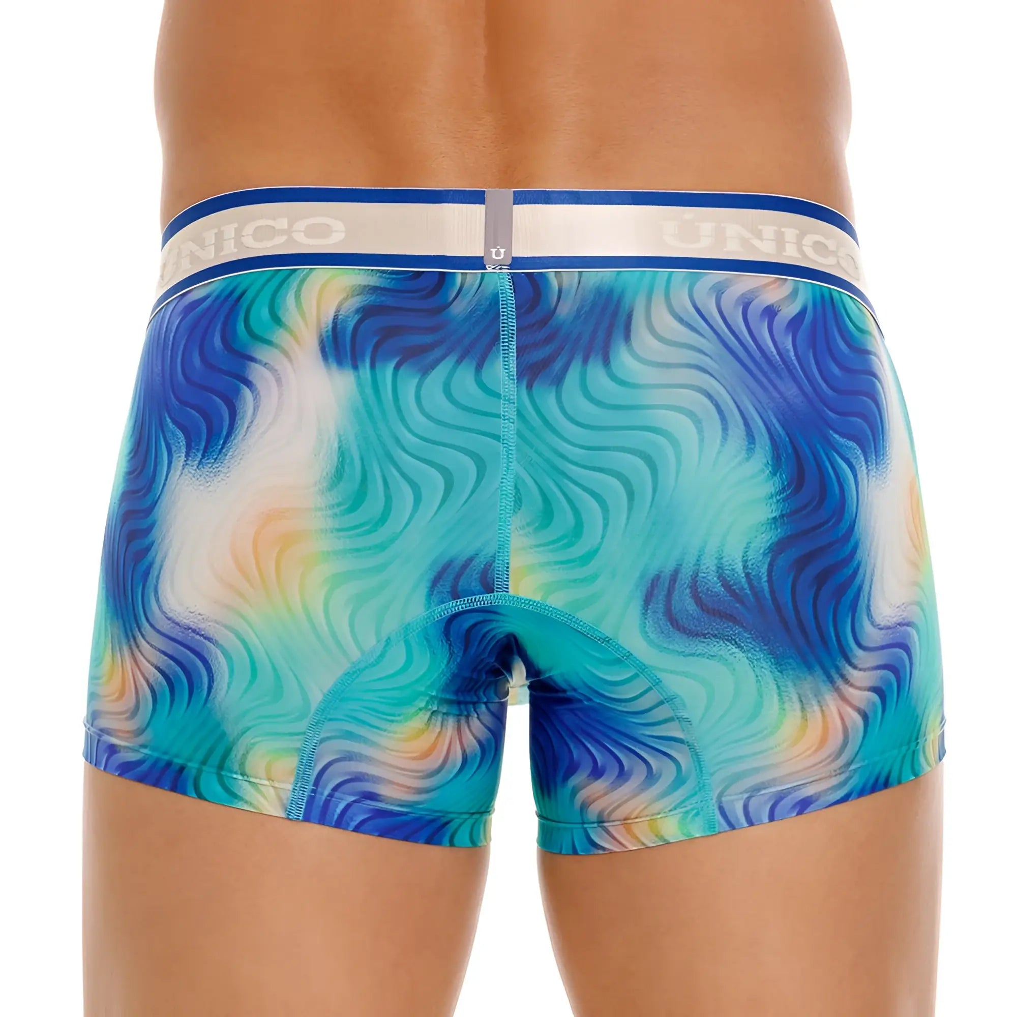 Unico 24100100105 moscatel men’s boxer briefs with blue teal yellow wavy pattern and white unico logo waistband