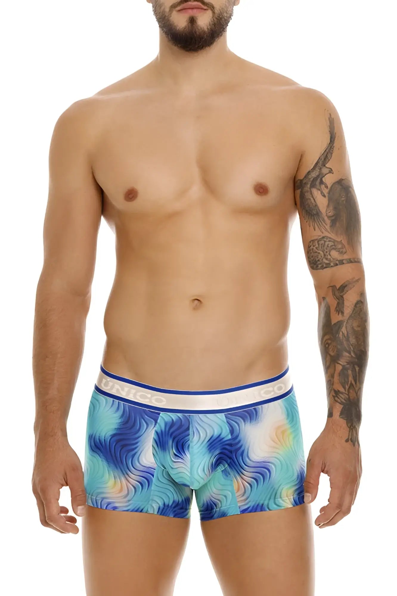 Unico 24100100105 moscatel trunks are blue and turquoise abstract wave-patterned boxer briefs with a white unico waistband