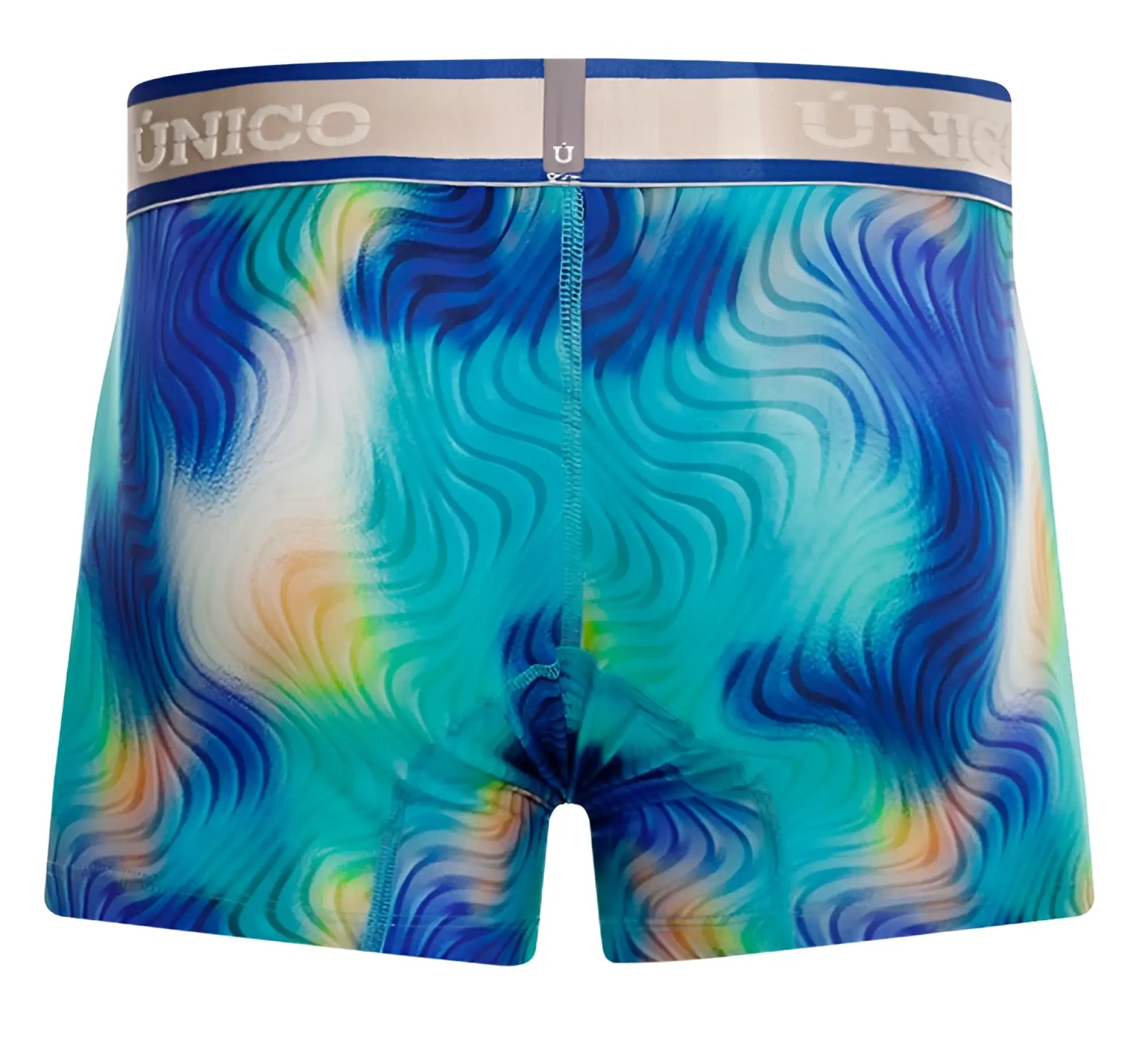 Unico 24100100105 Moscatel trunks boxer briefs with vibrant blue teal and orange tie-dye and navy unico waistband