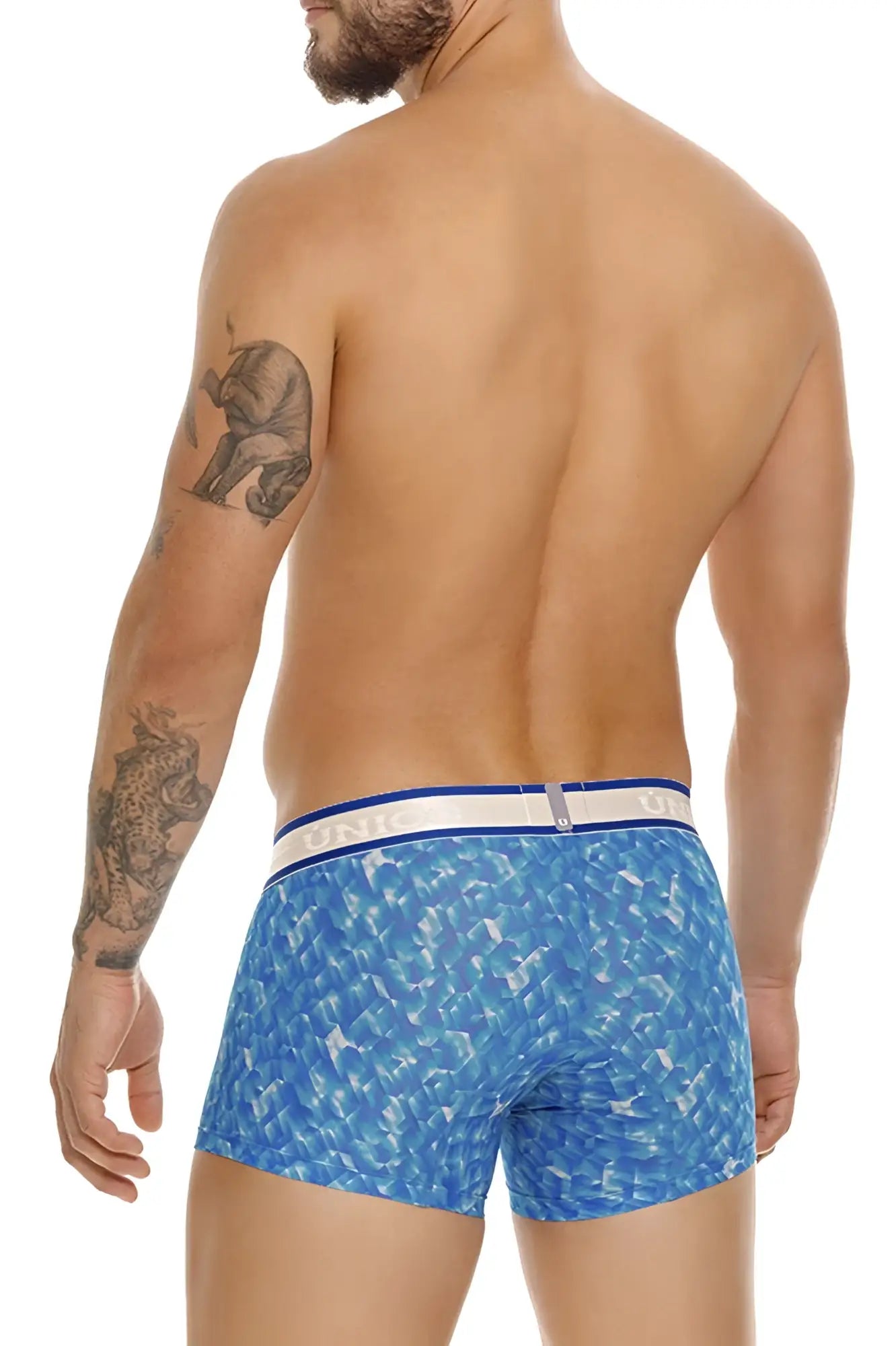 Unico palindromo trunks blue patterned boxer briefs with white and blue elastic waistband front view