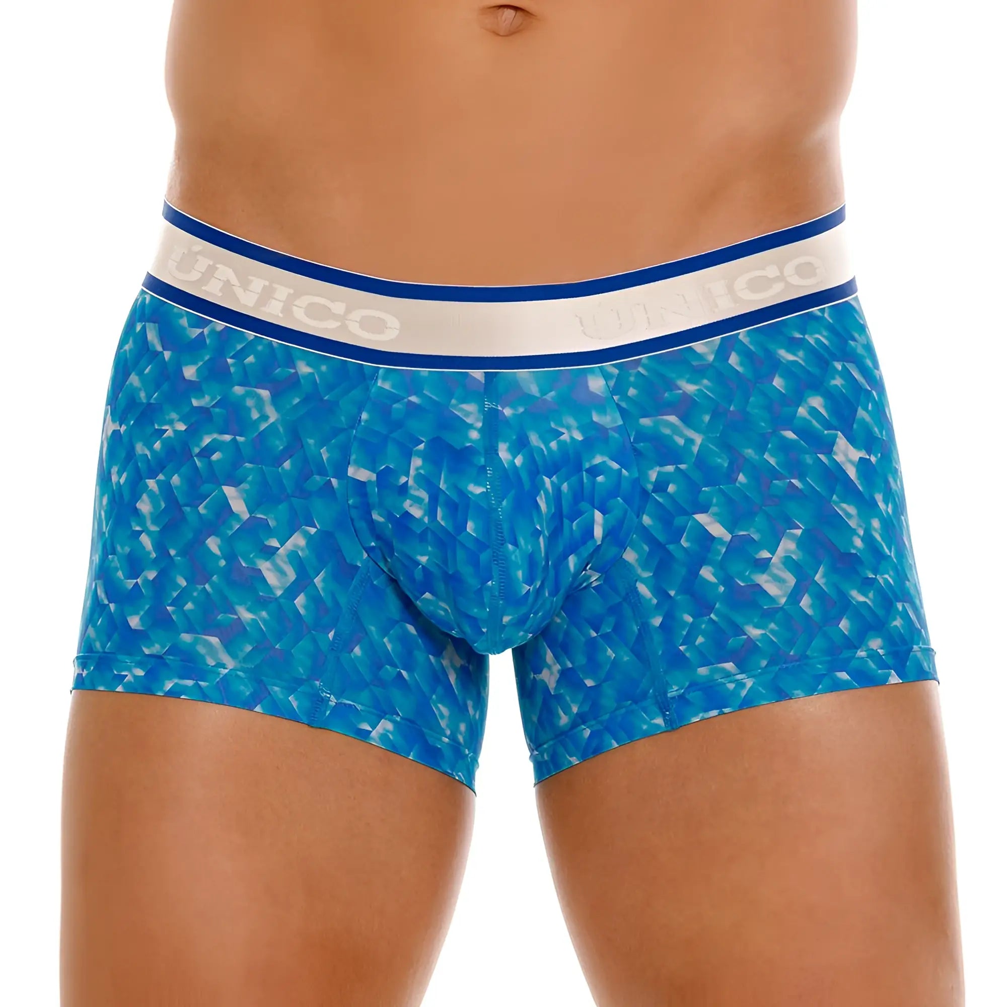 Blue patterned unico men’s boxer briefs with white and blue elastic waistband color 46 blue front view
