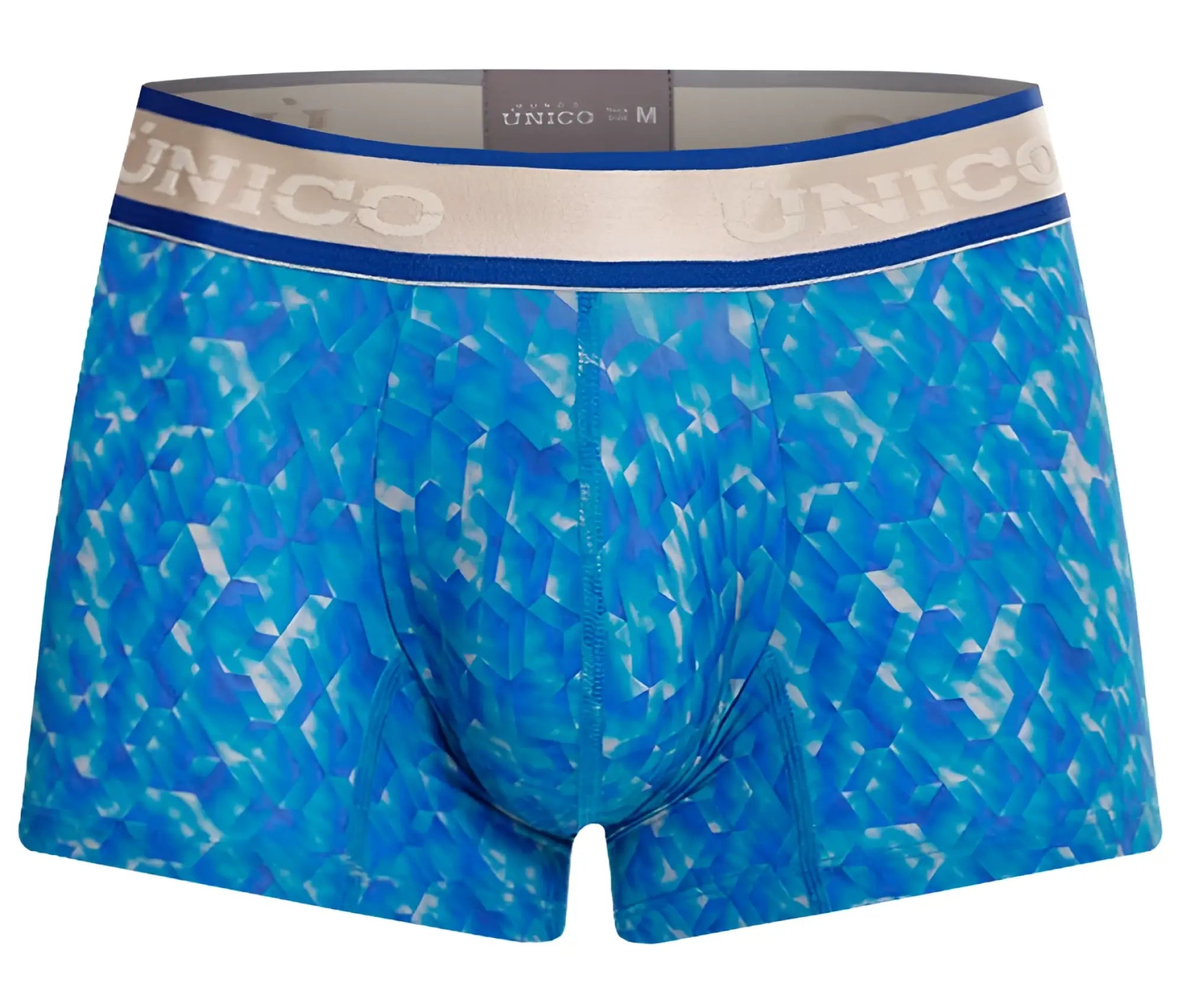 Blue patterned unico men’s boxer briefs with geometric design and elastic waistband in color 46 blue