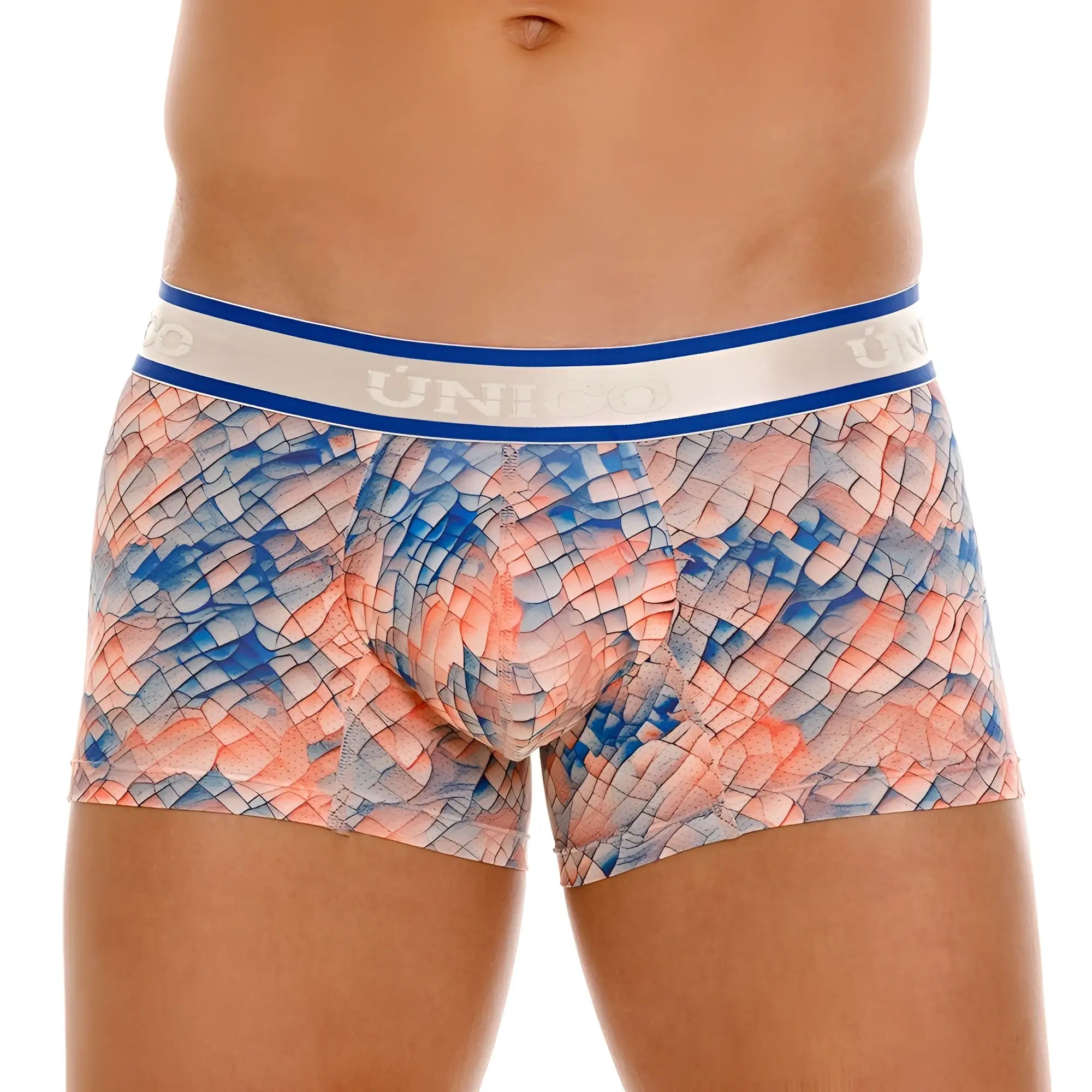Unico 24100100109 aforo multi-colored boxer briefs with blue coral pattern and white unhoo branded elastic waistband