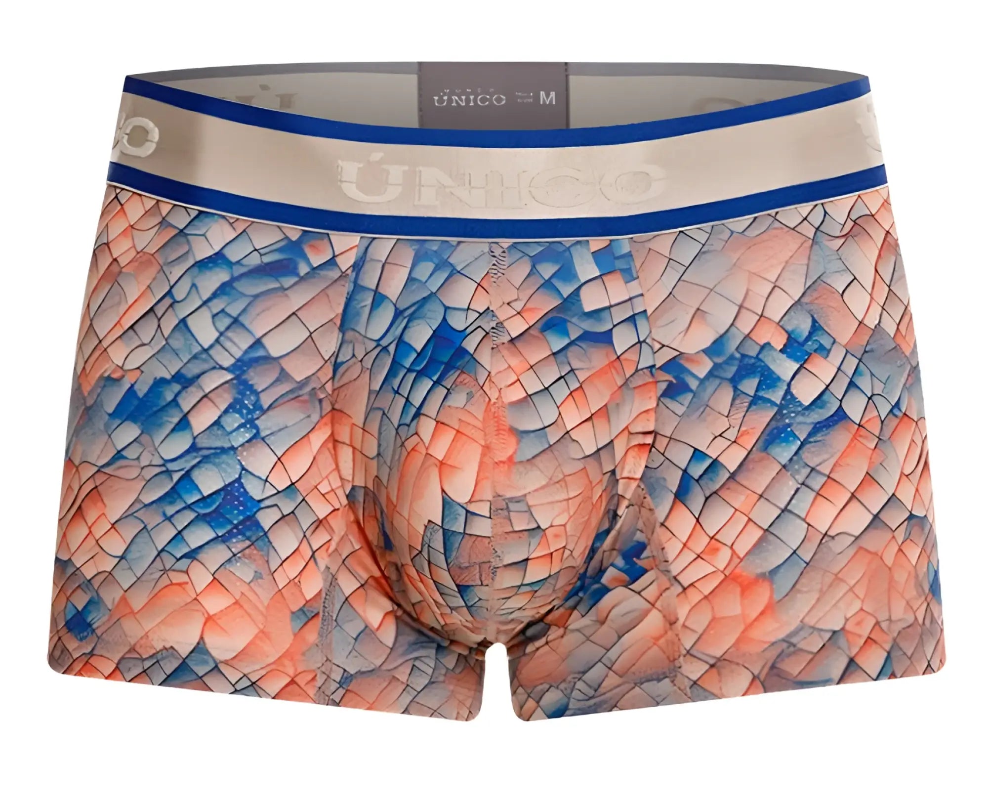 Unico 24100100109 Aforo multi-colored men’s boxer briefs with blue and coral scale pattern and gray waistband