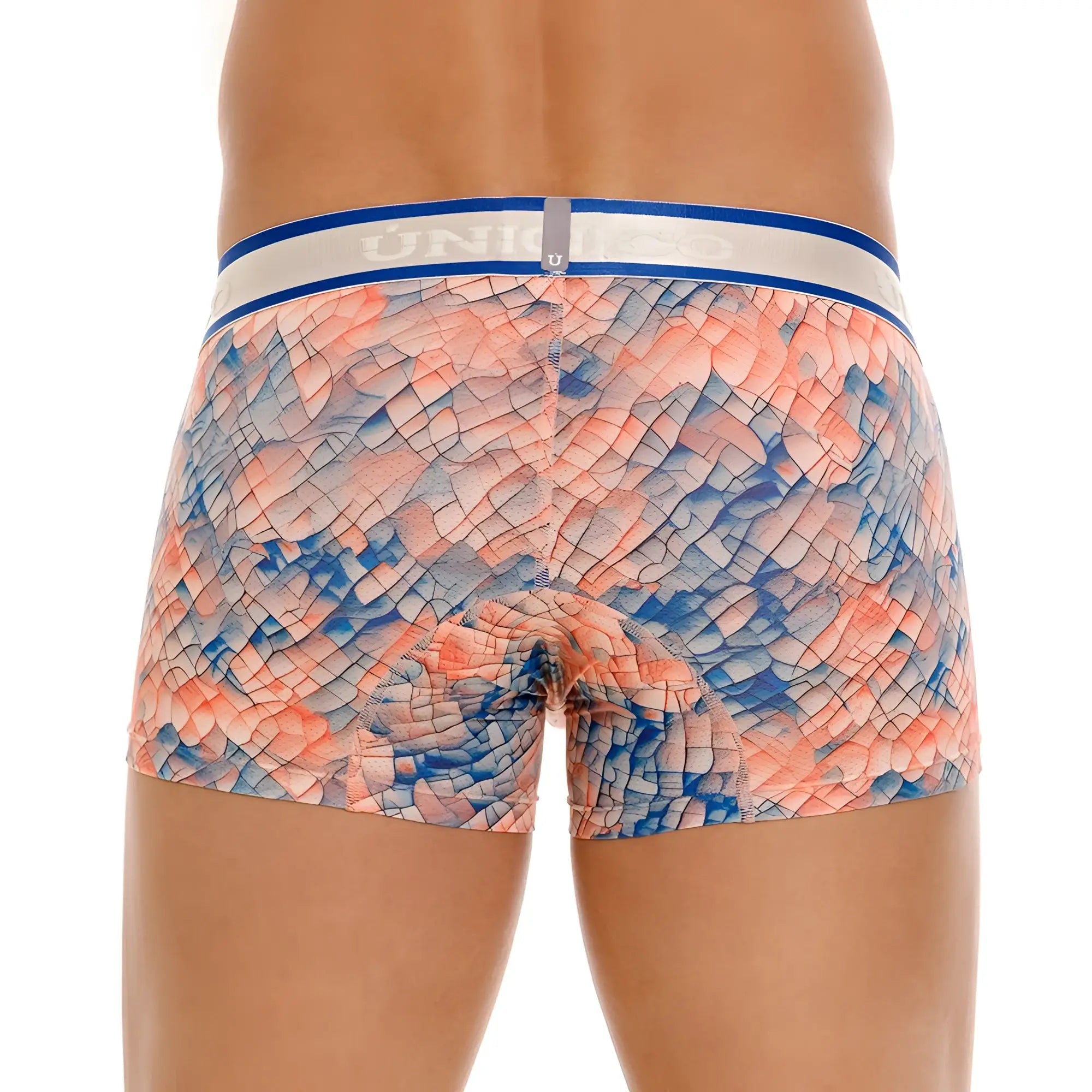Blue and peach patterned uniko aforo trunks with white waistband in multi-colored design for comfortable wear