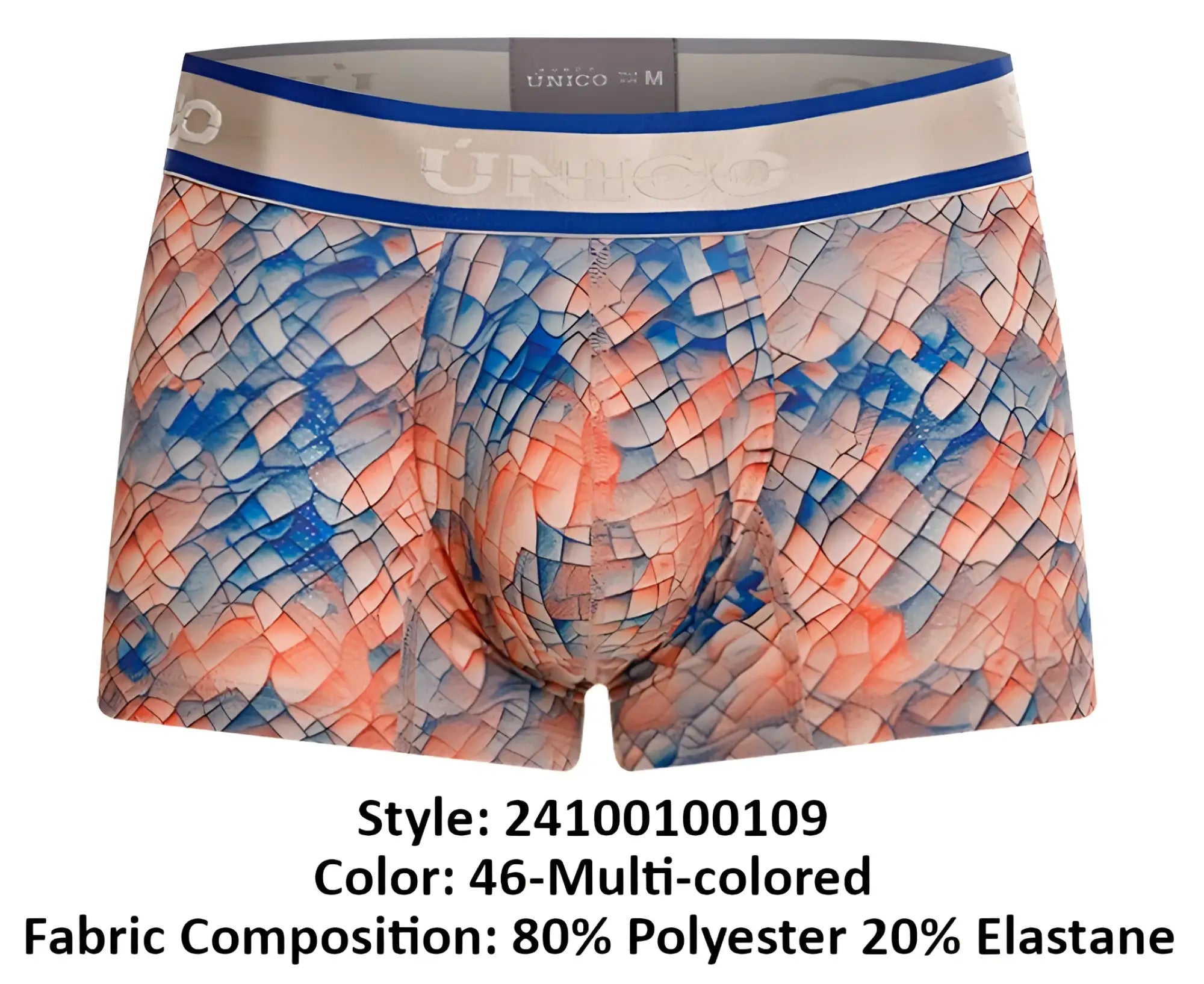 Multi-colored unico 24100100109 aforo trunks with geometric scale-like pattern in blue and peach with beige and navy waistband