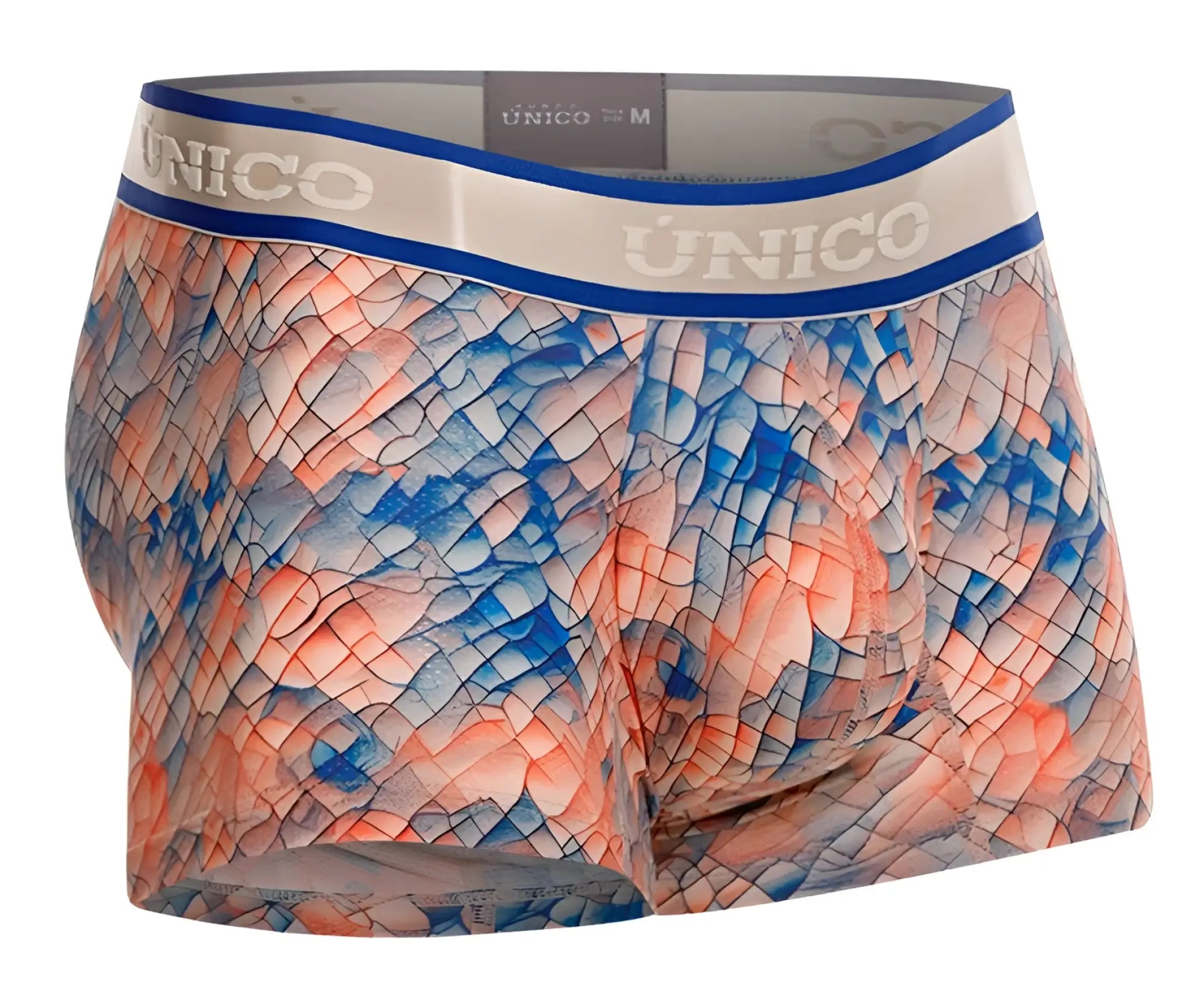 Unico 24100100109 aforo trunks men’s boxer briefs with vibrant blue coral snake scale pattern and branded elastic waistband
