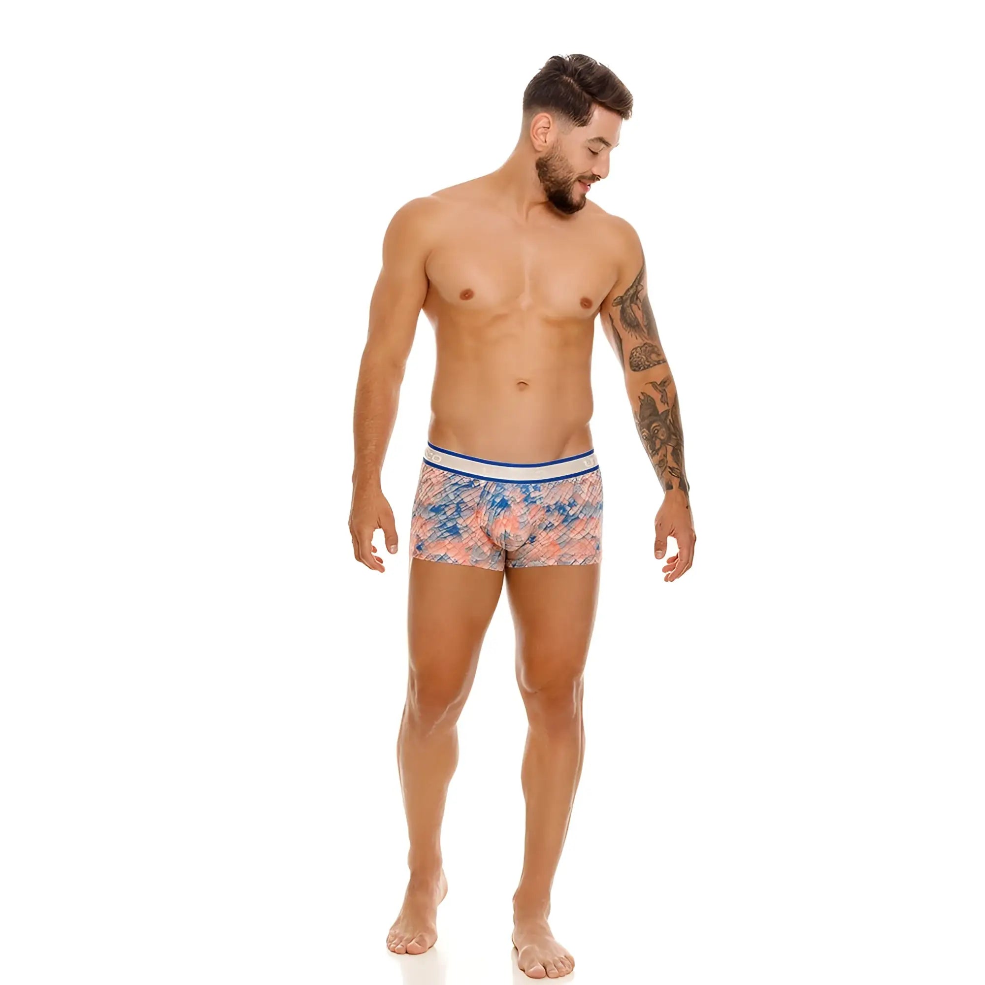 Men’s unico 24100100109 aforo trunks boxer briefs with vibrant blue and peach scale pattern and white elastic waistband