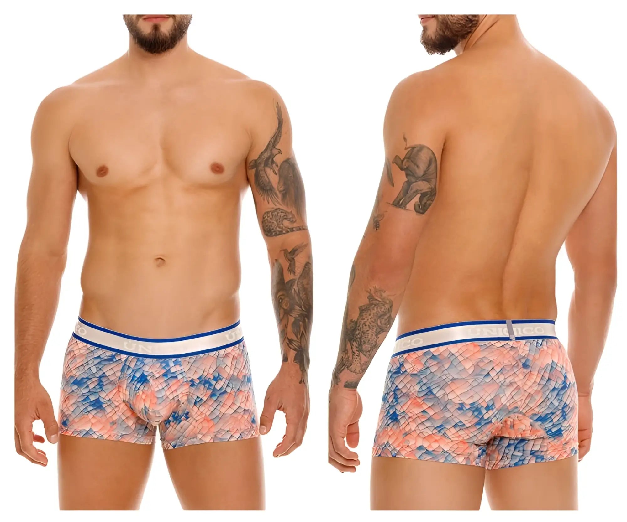 Men’s unico 24100100109 aforo trunks boxer briefs with vibrant pink and blue scale pattern and white waistband with blue stripes