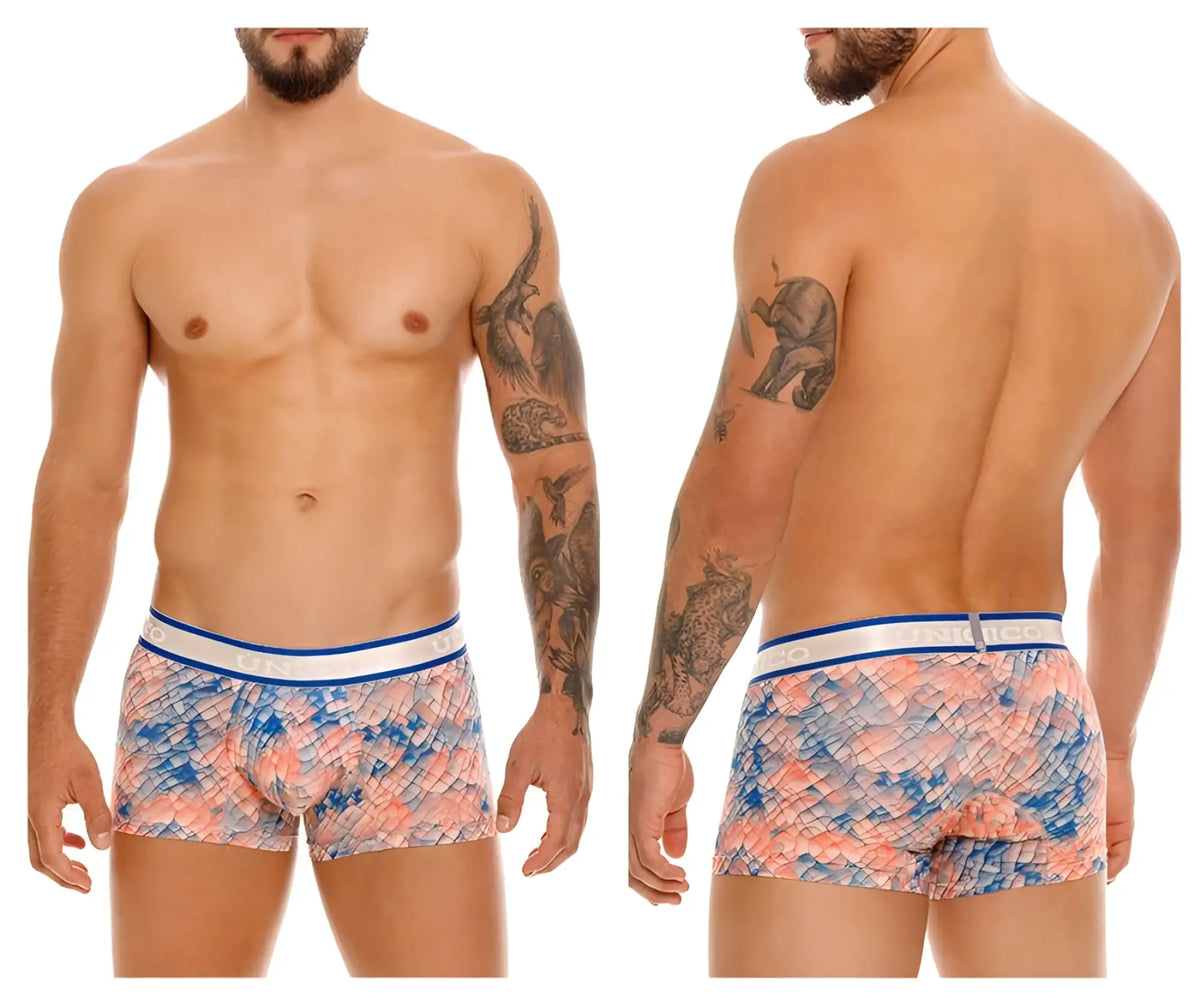 Men’s unico 24100100109 aforo trunks boxer briefs with vibrant pink and blue scale pattern and white waistband with blue stripes