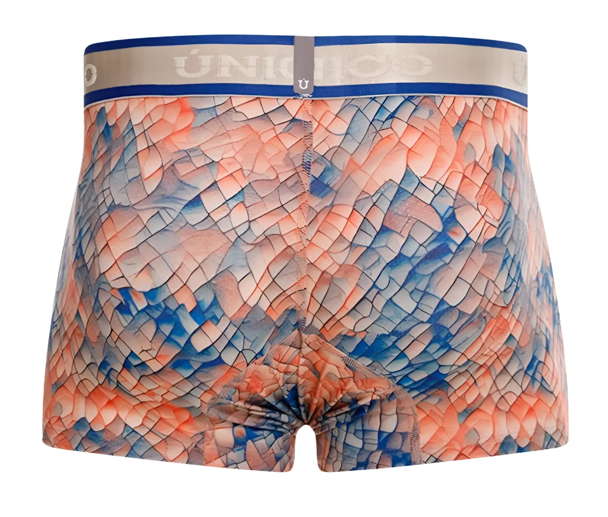 Uniqlo men’s boxer briefs unico 24100100109 aforo trunks color 46 multi-colored with coral and blue scale pattern and gray waistband