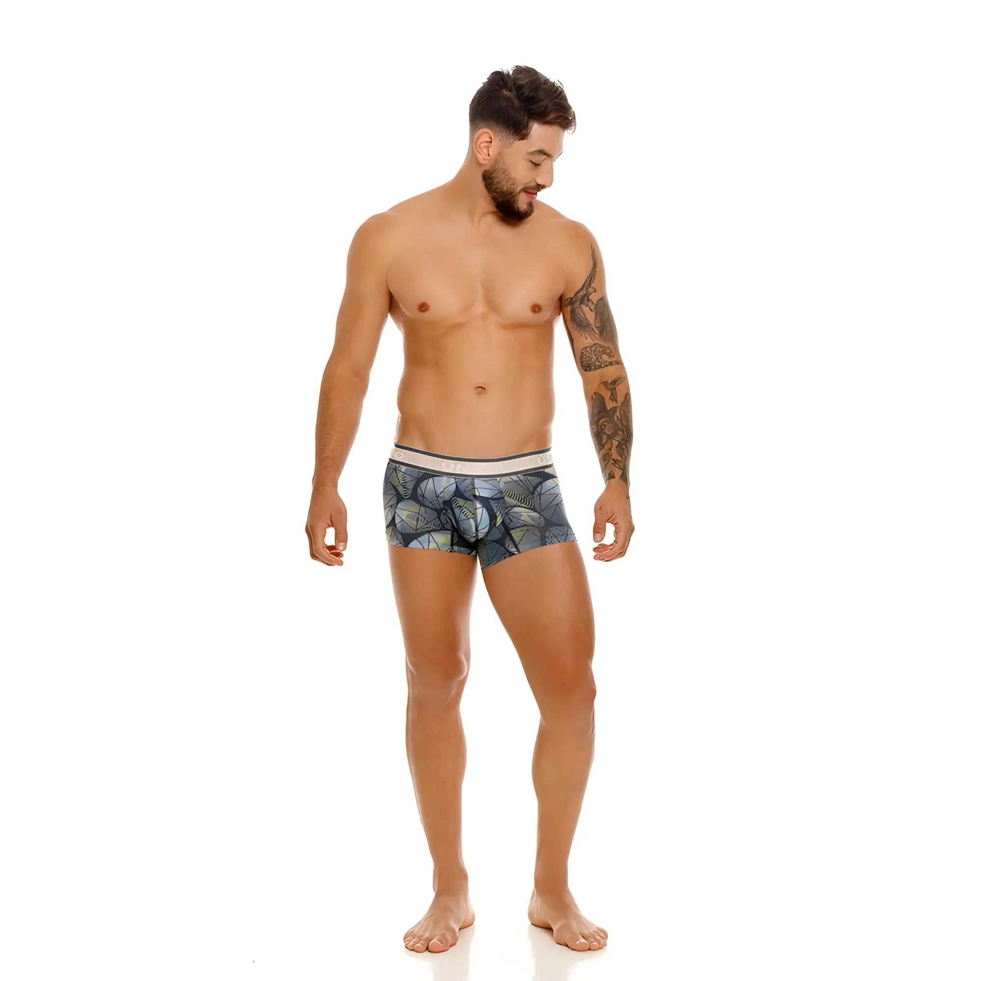 Unico 24100100113 Resplandecer trunks are blue patterned boxer briefs with a white waistband in color 59-gray