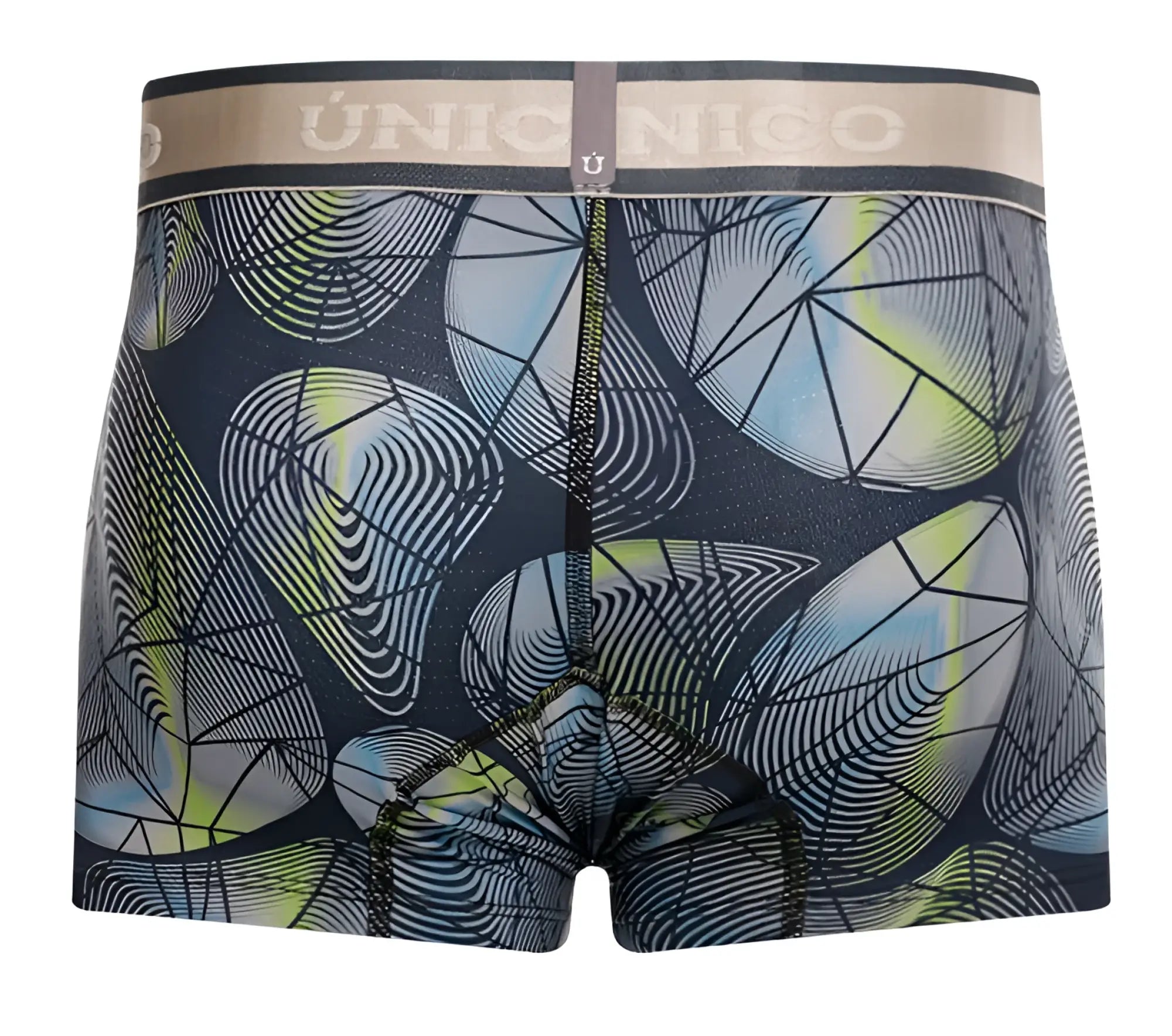 Unico 24100100113 Resplandecer trunks men’s boxer briefs with dark navy base and abstract blue lime green patterns