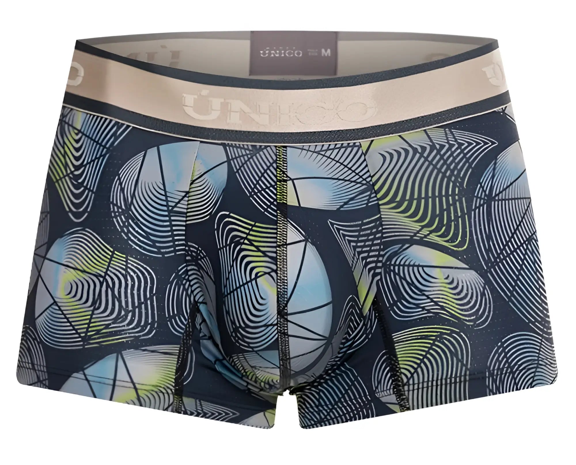 Dark blue Unico Resplandecer trunks with bold abstract light blue lime green and white swirling lines over rounded shapes