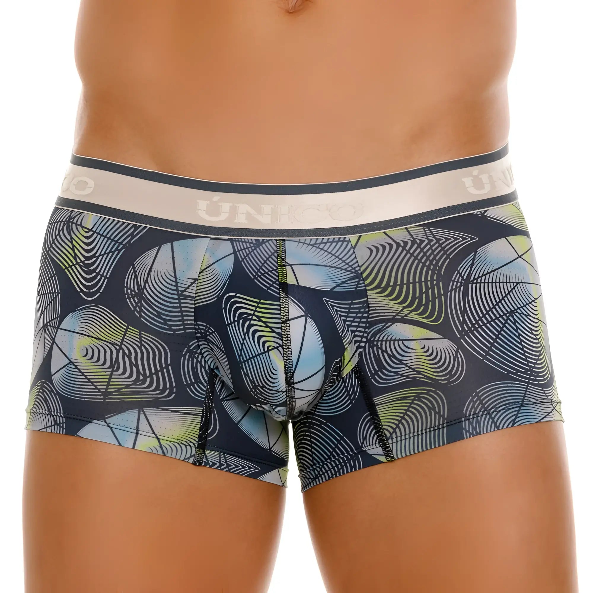 Dark blue uniko 24100100113 resplandecer trunks featuring a vibrant abstract geometric pattern and beige waistband
