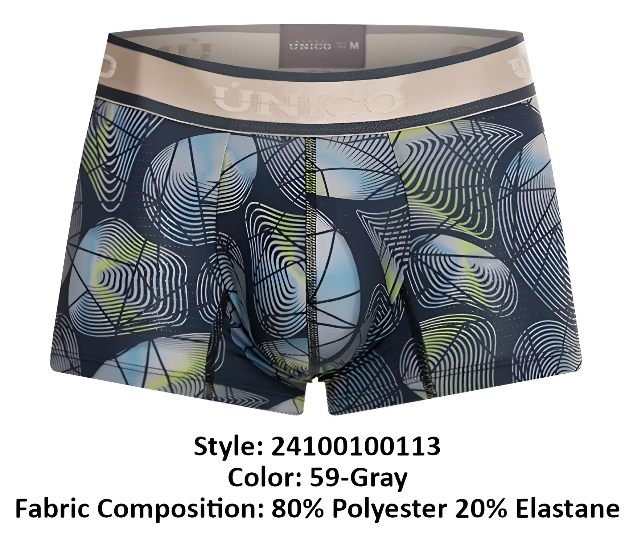 Dark gray unicó 24100100113 resplandecer trunks with bold light blue white and lime green concentric circle pattern boxer briefs