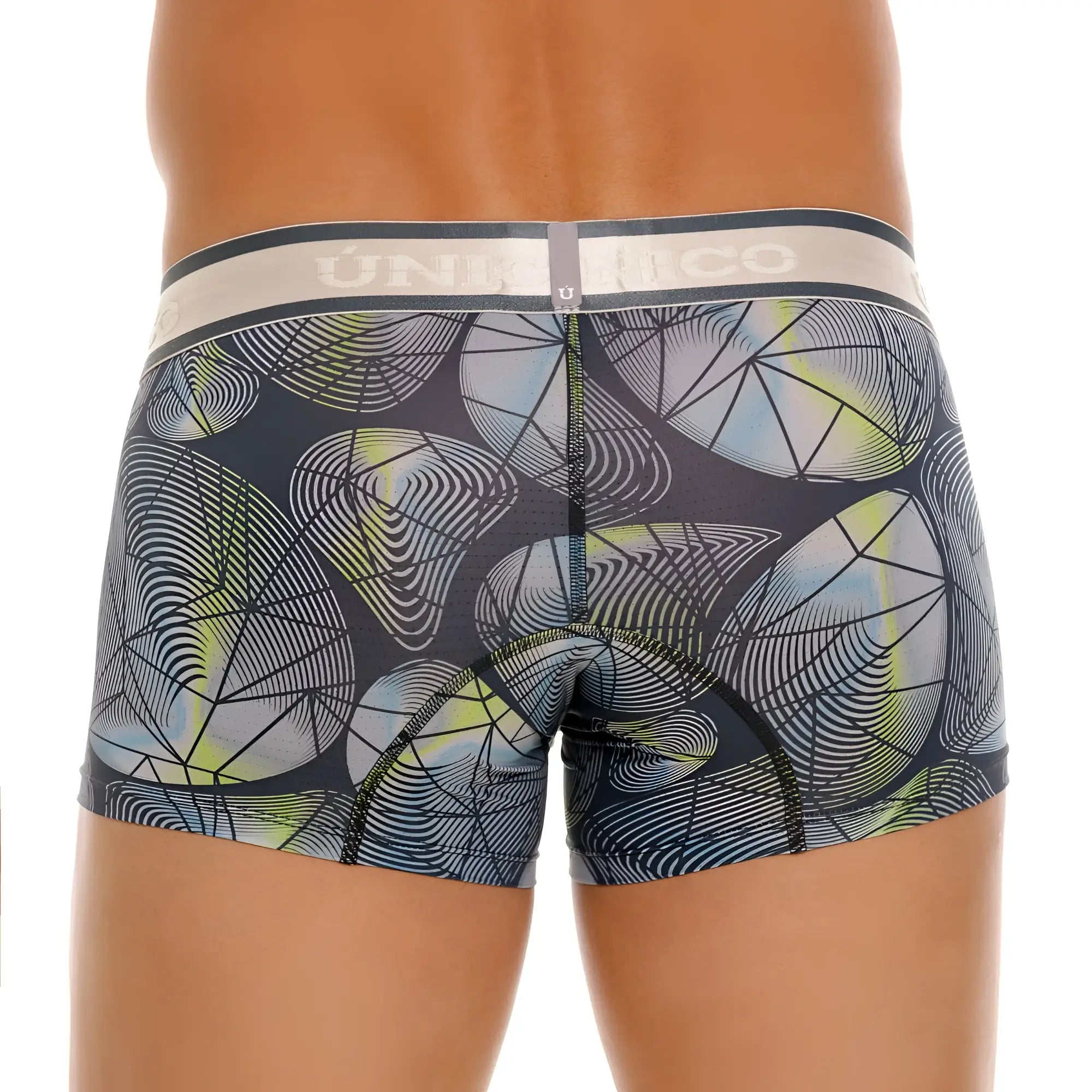 Unico 24100100113 resplandecer trunks dark gray briefs with modern geometric pattern in light blue lime green and white