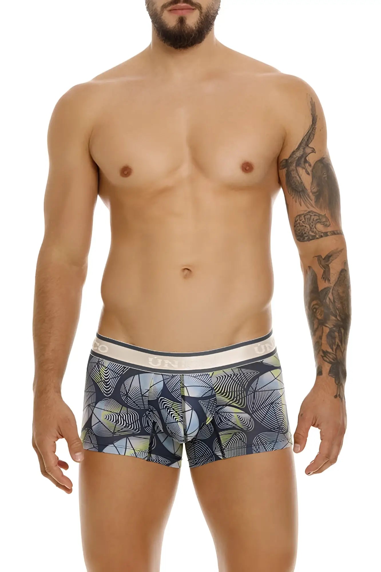 Men’s unico 24100100113 resplandecer trunks with dark blue and gray geometric pattern and white elastic waistband