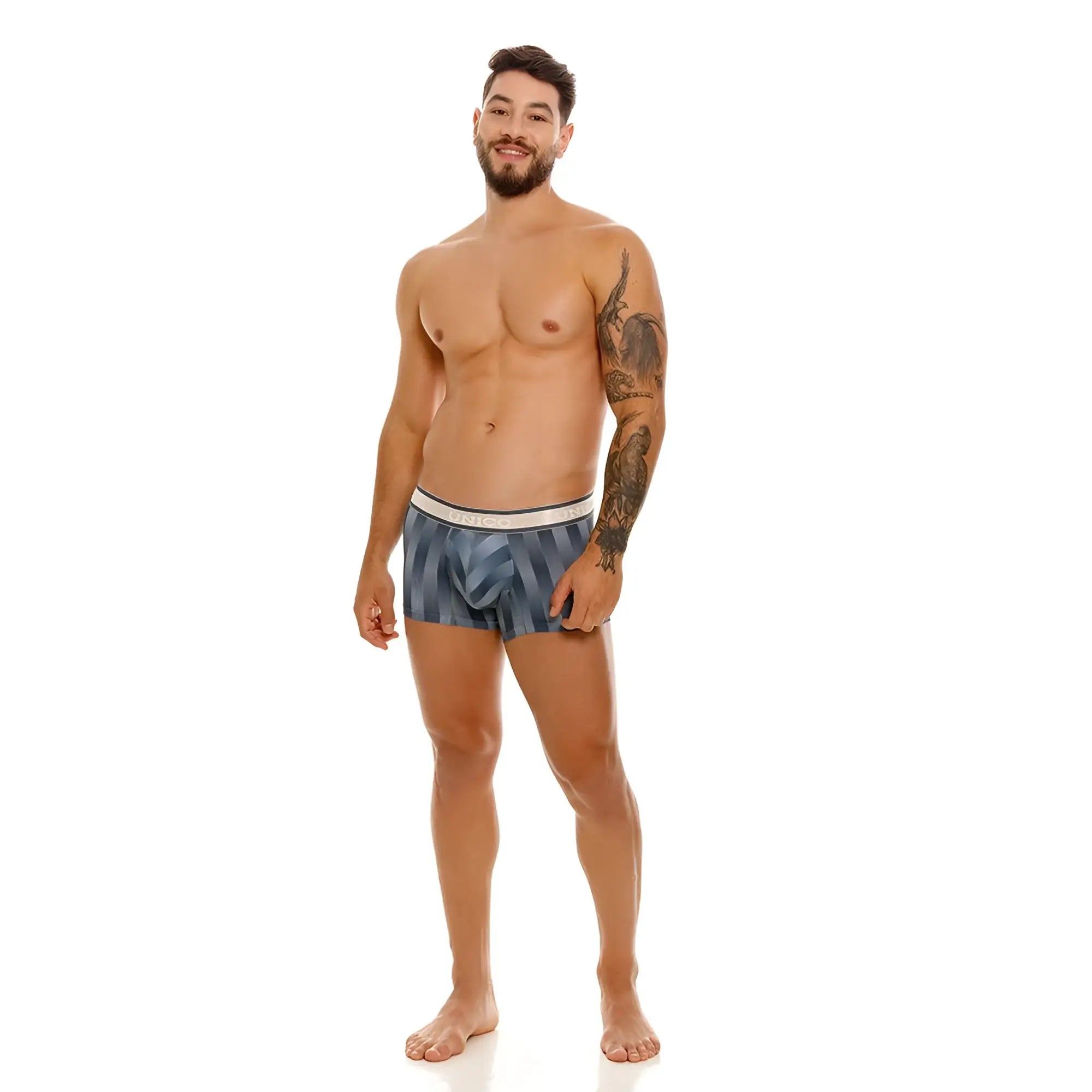 Unico 24100100114 Ejes trunks boxer briefs in blue and gray geometric pattern with white elastic waistband