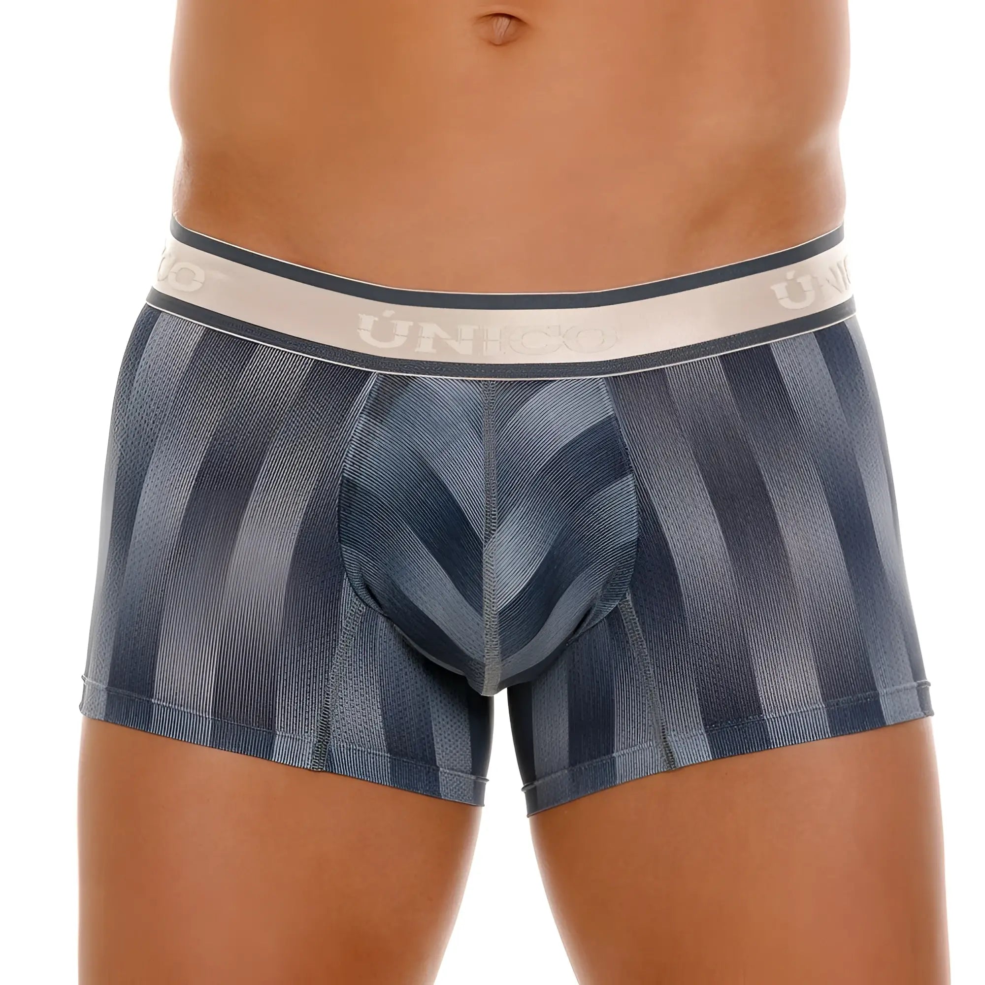 Blue and gray striped men’s boxer briefs with white unico elastic waistband in color 59 gray from unico 24100100114 eje trunks