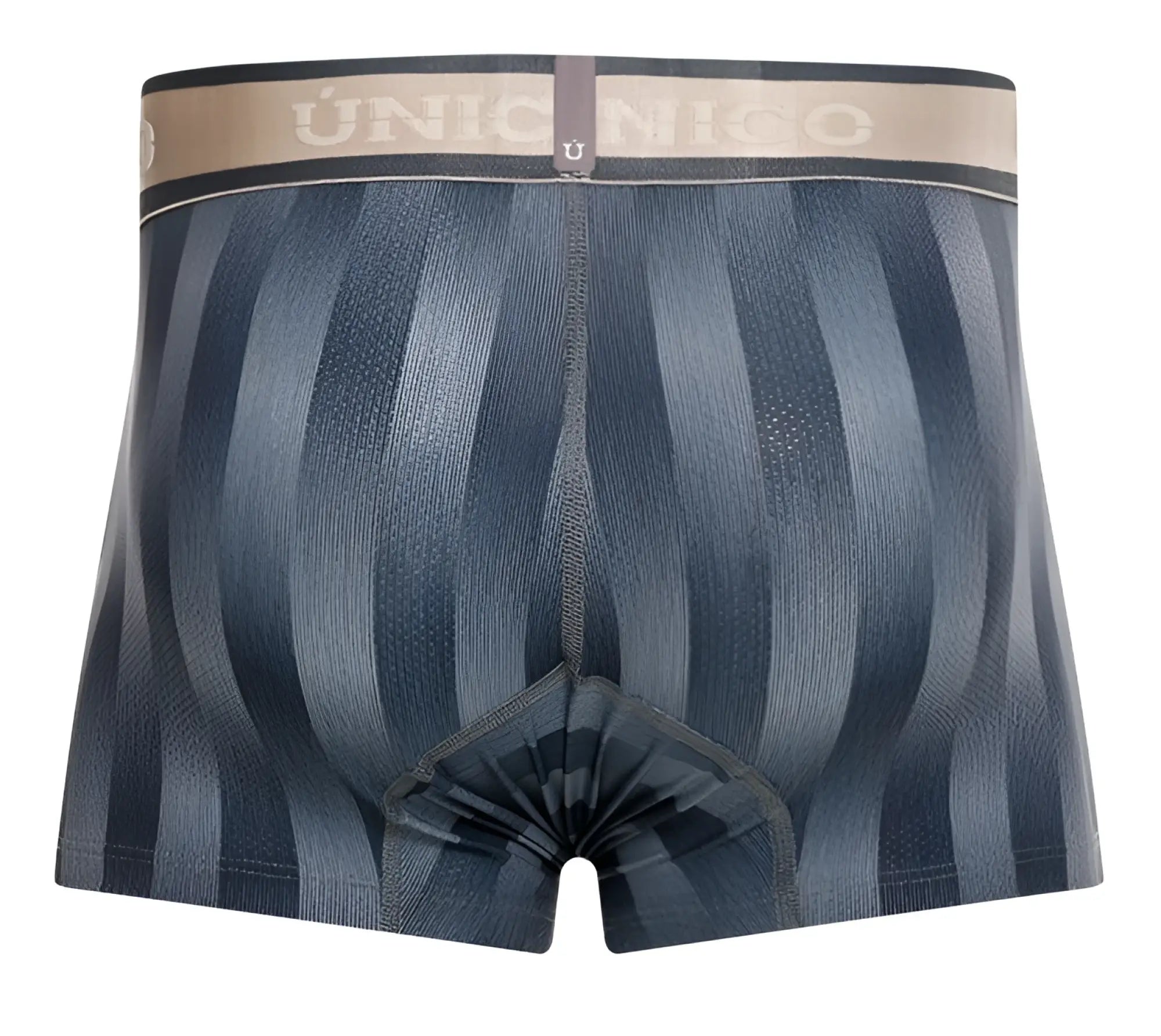 Dark blue striped boxer briefs with beige waistband featuring unicorn brand from unico 24100100114 ejes trunks color 59-gray