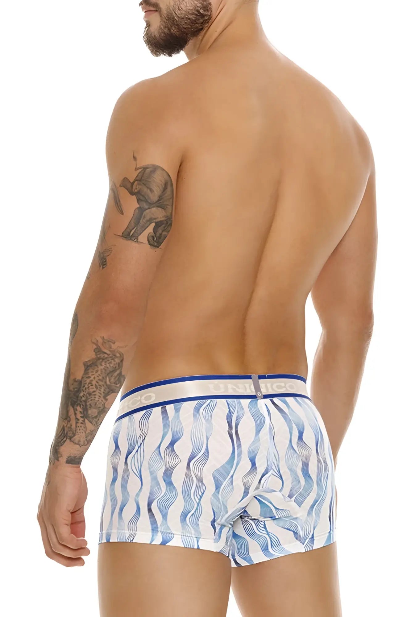 Blue and white wavy patterned unico pomposo trunks with blue elastic waistband for comfortable daily wear