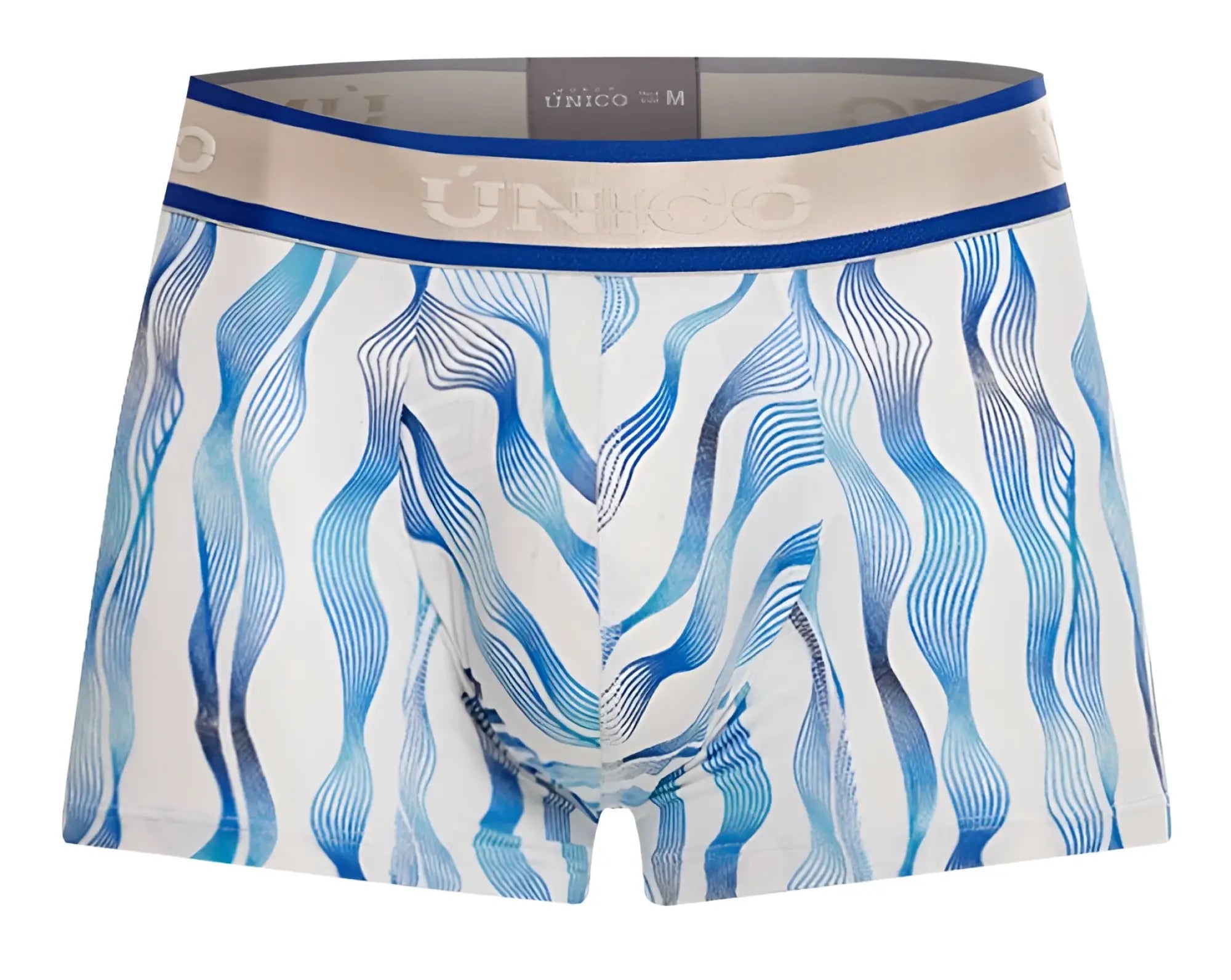 Men’s unico 24100100116 pomposo trunks in white with blue waves and beige waistband featuring unico brand name