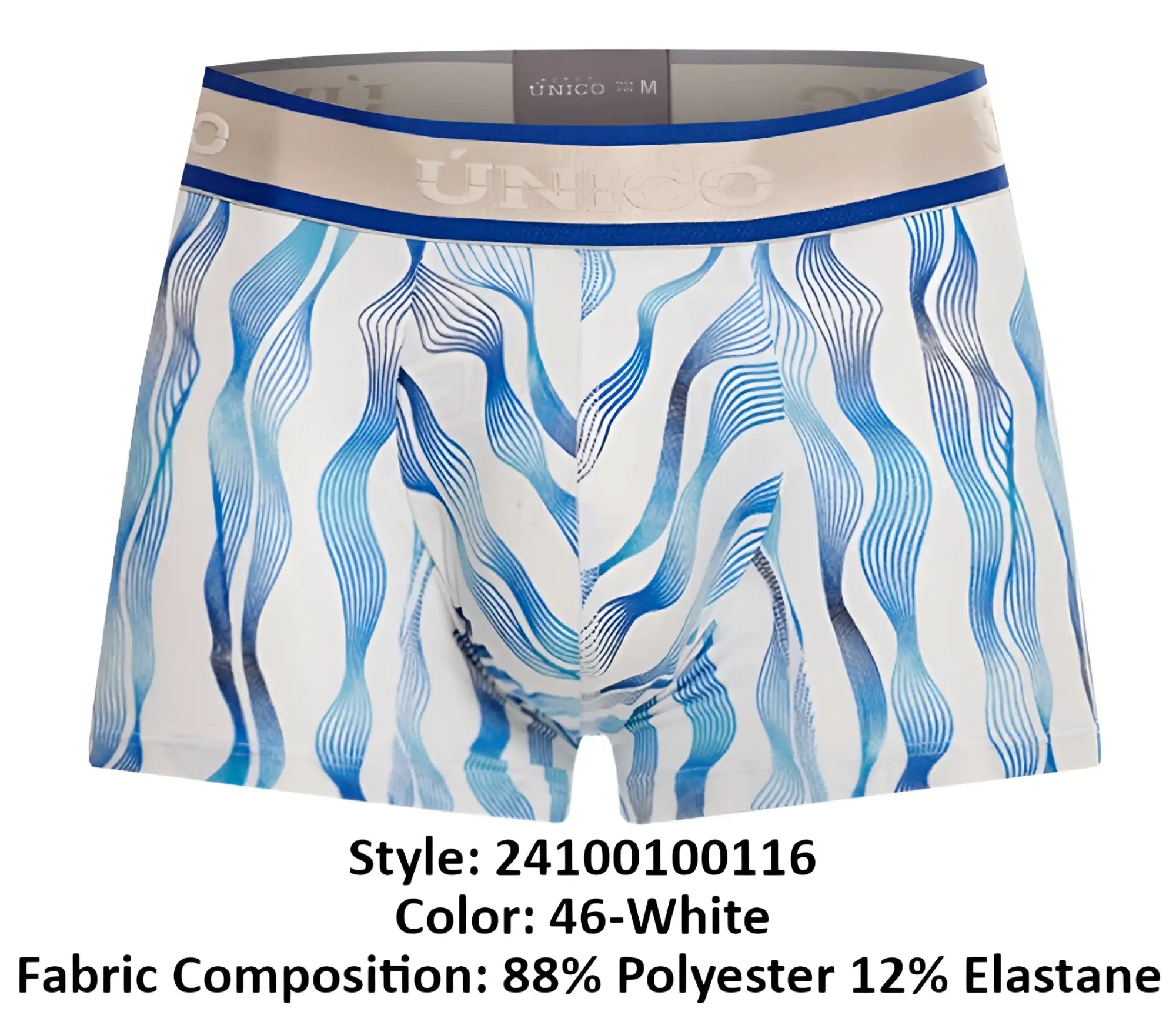 White boxer briefs unico 24100100116 pomposo trunks with blue wavy pattern and beige waistband with silver logo
