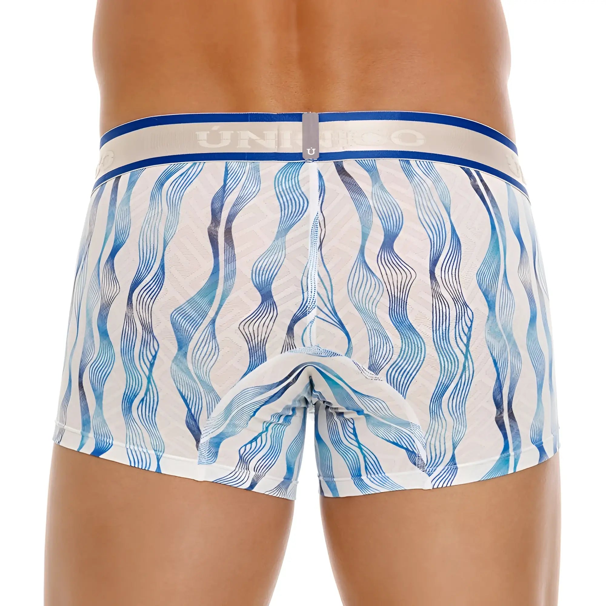 White unico 24100100116 pomposo trunks with wavy blue lines and navy waistband featuring the uniko brand name