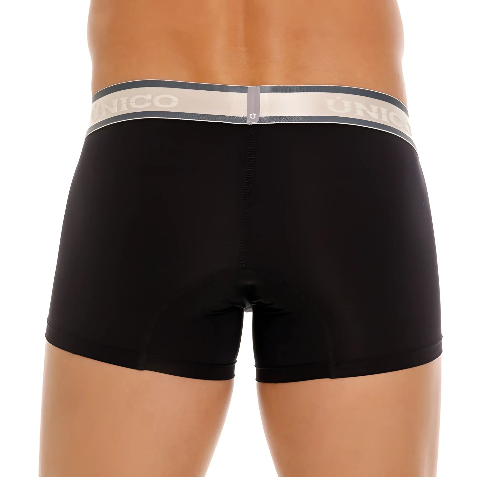 Black unico boxer briefs tamiz trunks with gray and white elastic waistband featuring brand name color 99 black