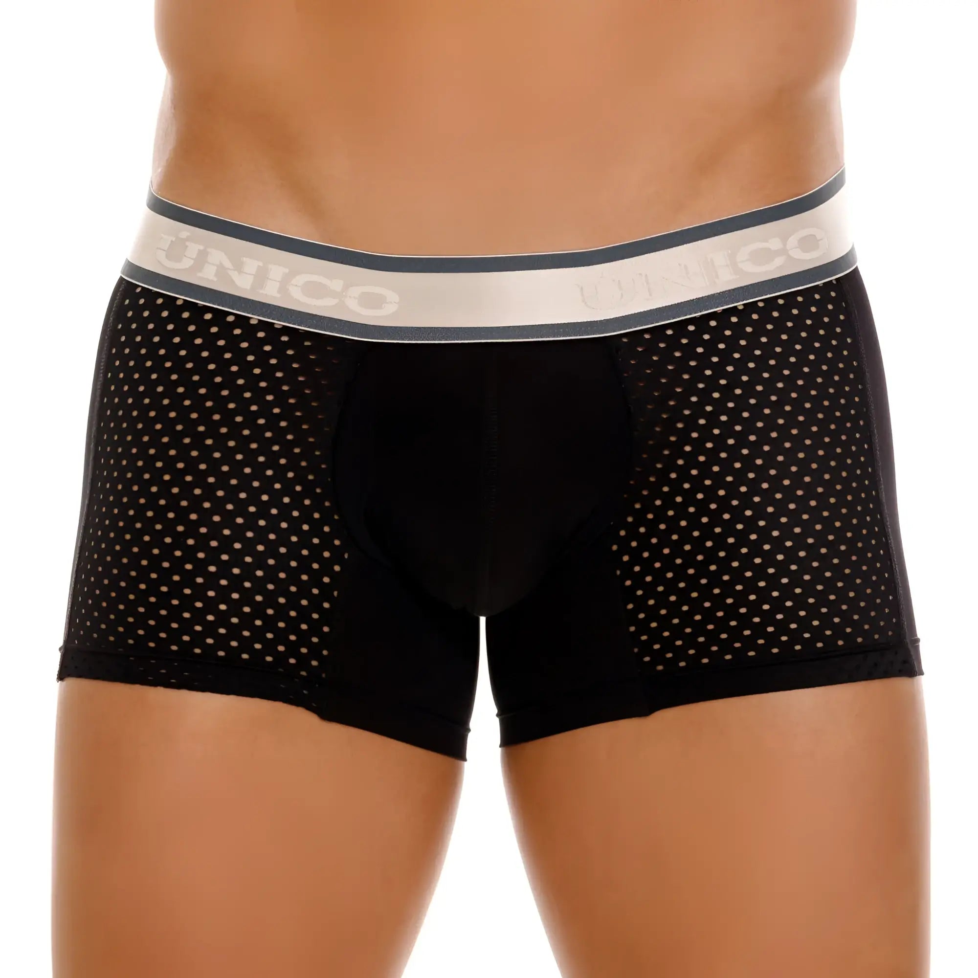 Black unico 24100100126 tamiz trunks boxer briefs with perforated mesh design and gray waistband featuring brand name
