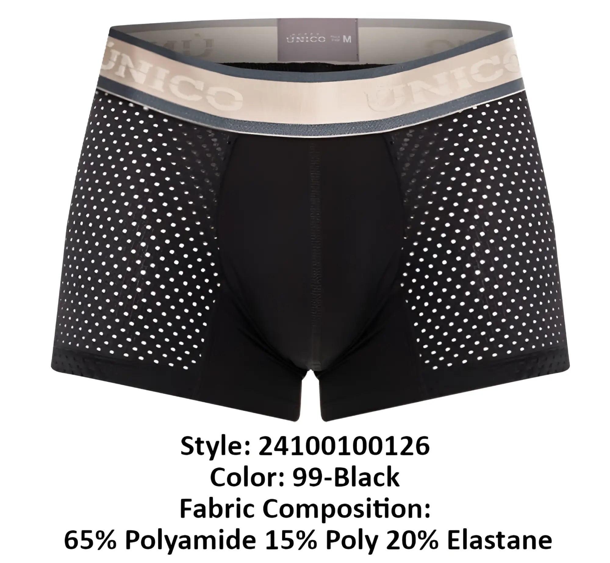 Black unico 24100100126 tamiz trunks men’s boxer briefs with perforated mesh design and beige elastic waistband