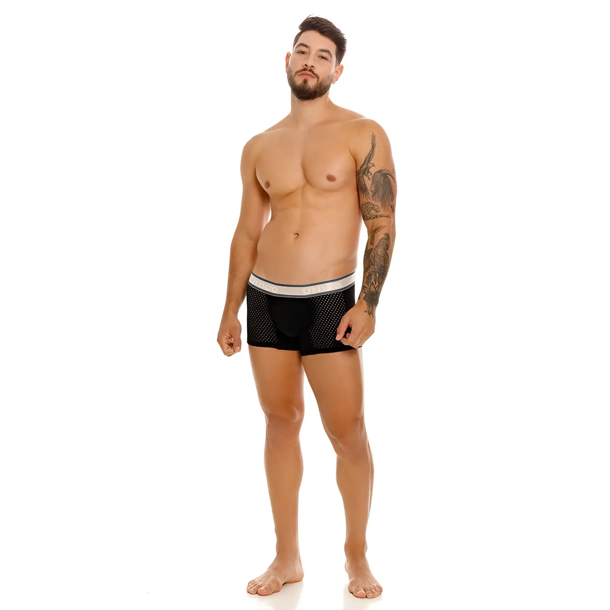 Black mesh unico tamiz trunks with a white elastic brazil waistband in color 99 black for comfortable wear