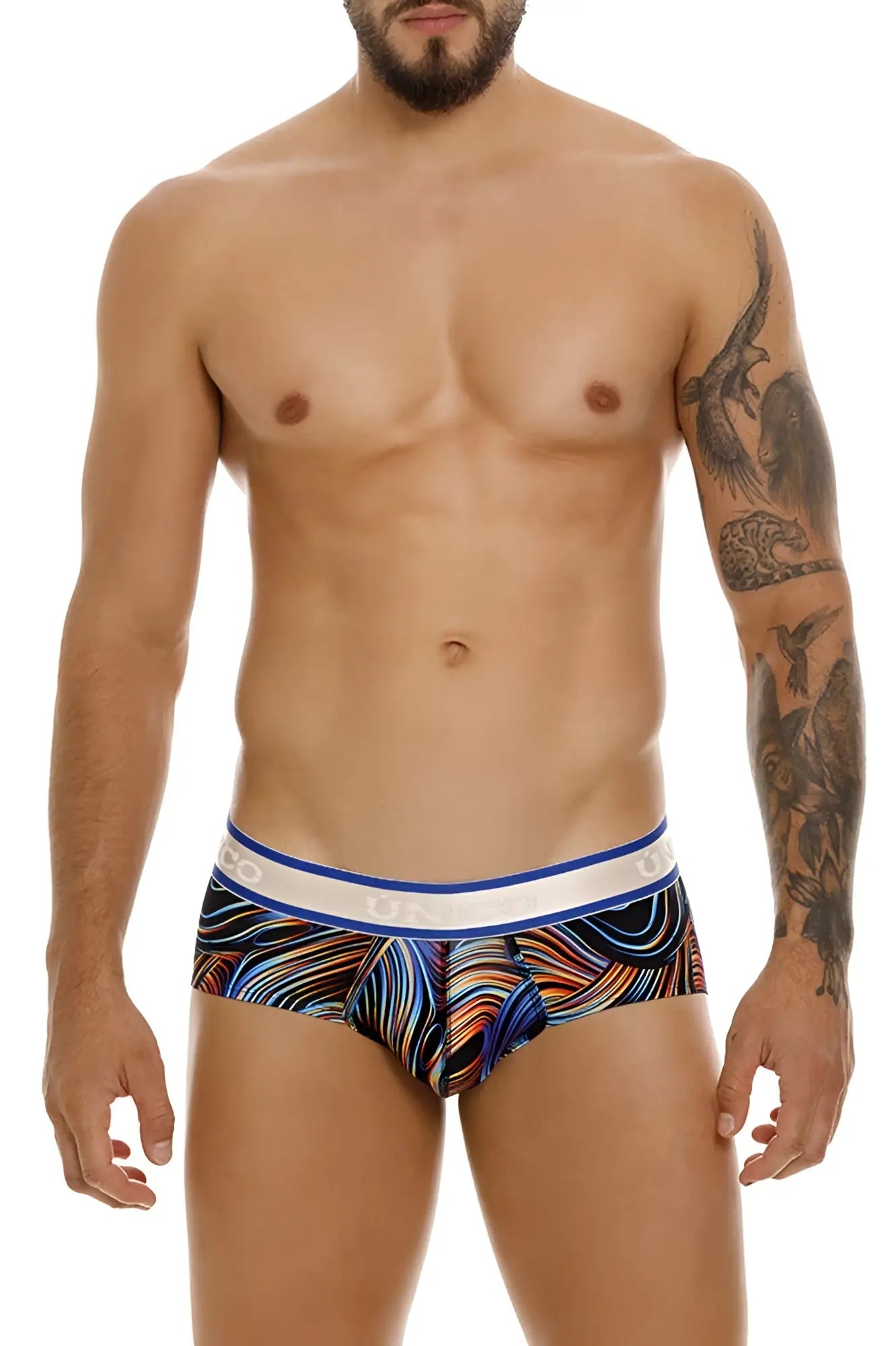 Colorful abstract patterned unico 24100101104 calamo briefs in black with white waistband and blue trim