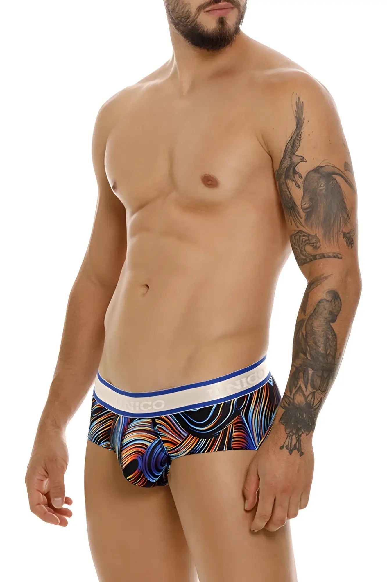 Men’s unico calamo briefs in black with vibrant blue orange wave pattern and white nico waistband
