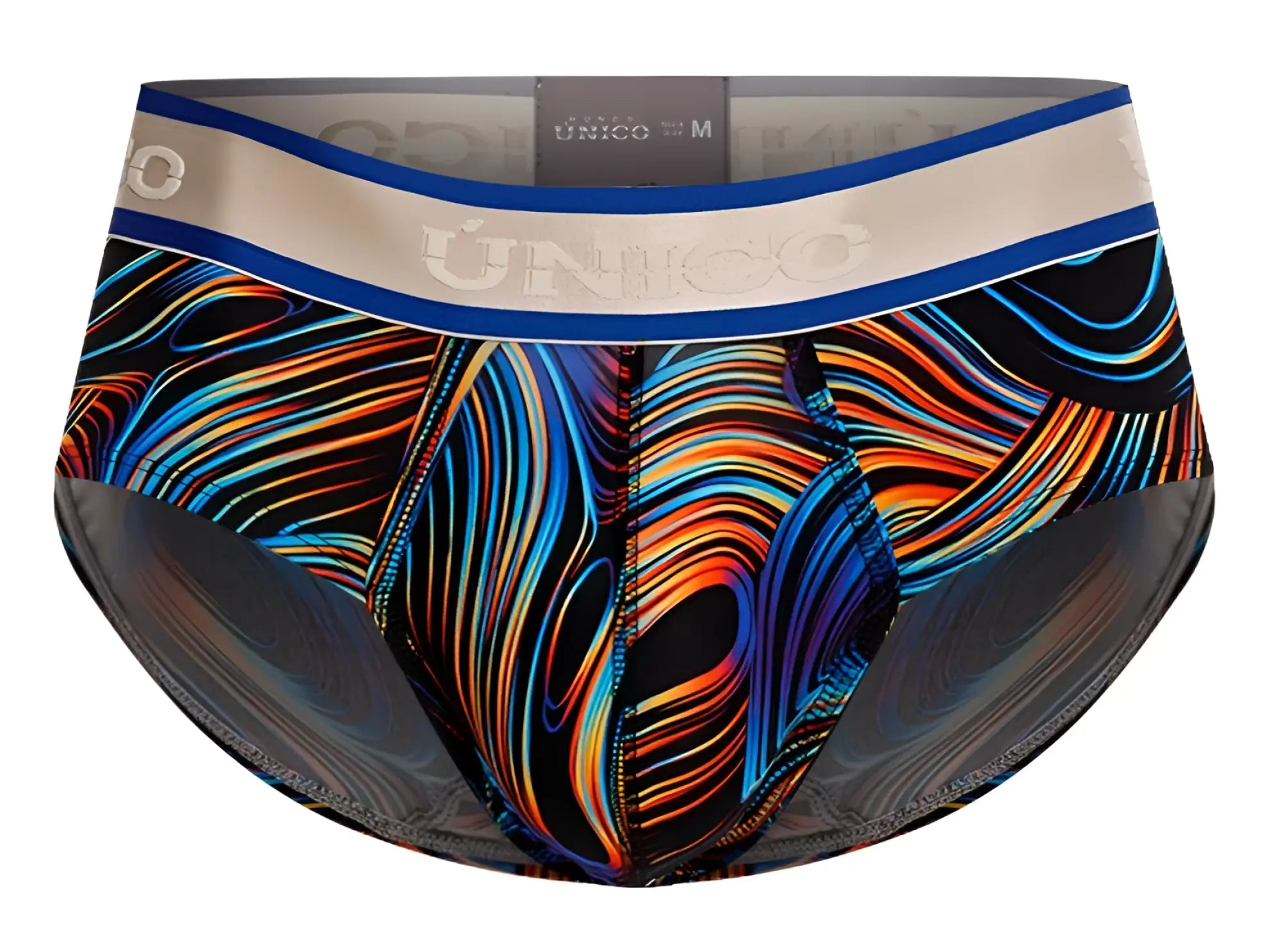 Unico 24100101104 Calamo briefs with vibrant neon blue orange and purple swirls on black and unico logo waistband