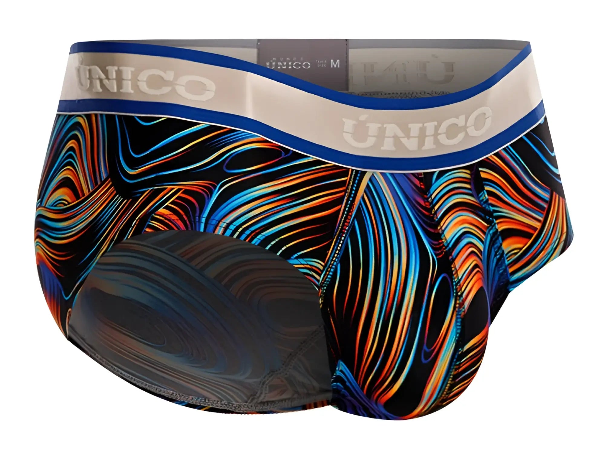 Unico 24100101104 calamo briefs in bold orange blue and black with abstract wave pattern and white waistband