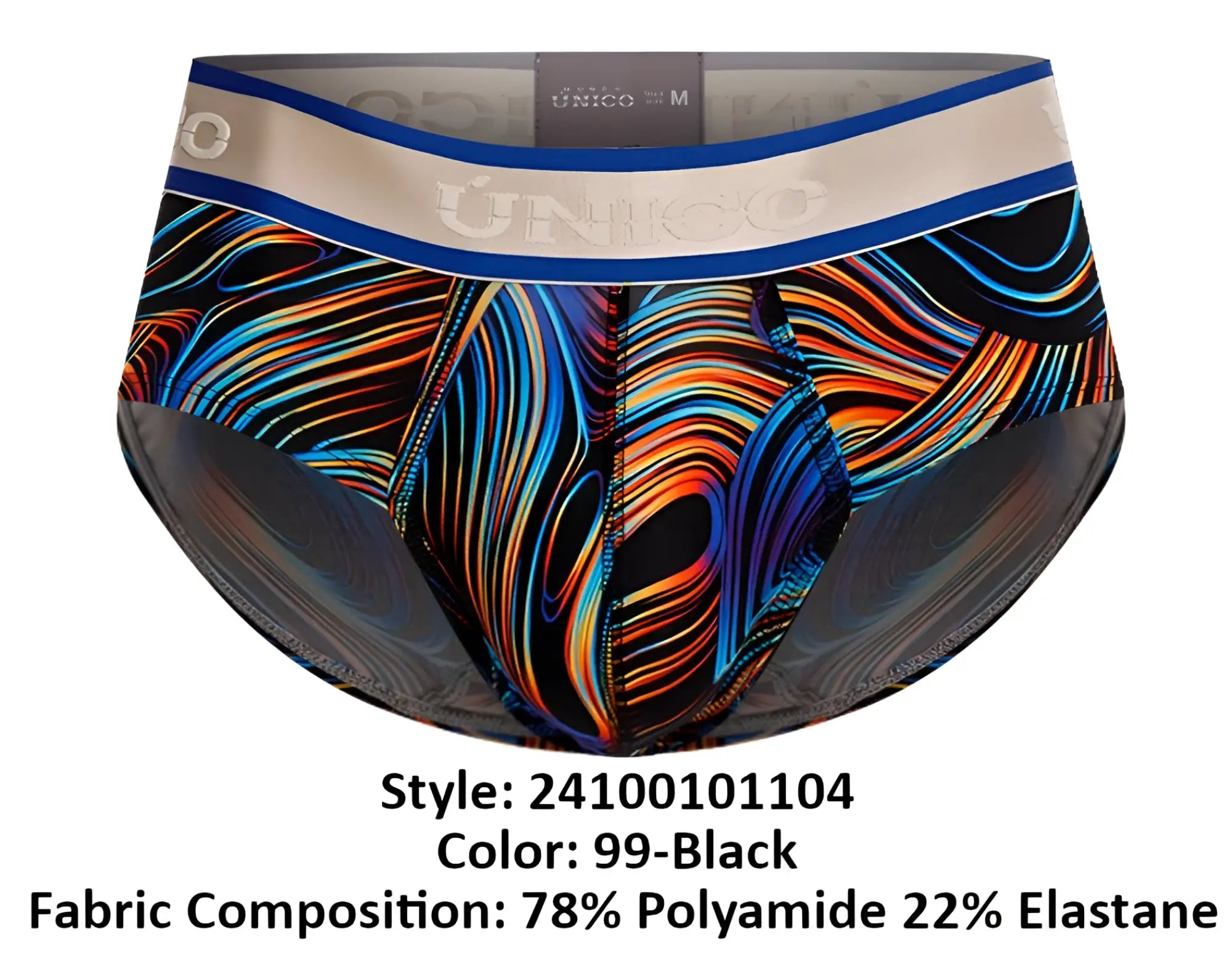 Vibrant psychedelic swirl patterned Unico men’s black briefs with blue and beige waistband Calamo 24100101104