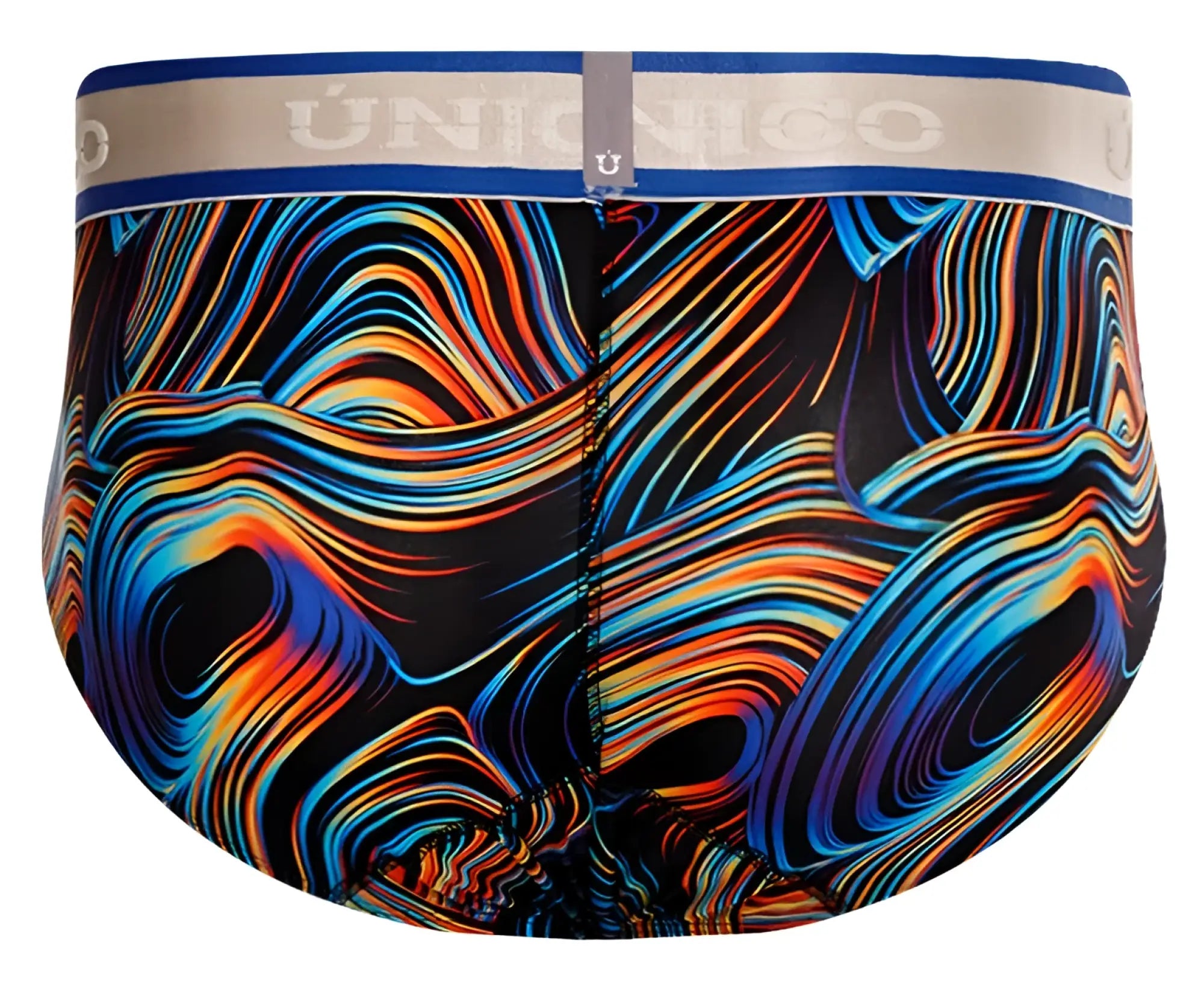 Unico 24100101104 calamo briefs vibrant psychedelic swirl-patterned men’s briefs in bold blue orange and red on black