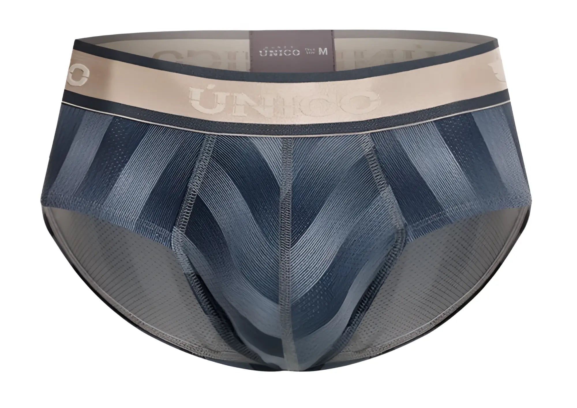 Unico 24100101114 ejes briefs in blue and gray pattern with beige waistband featuring the brand logo