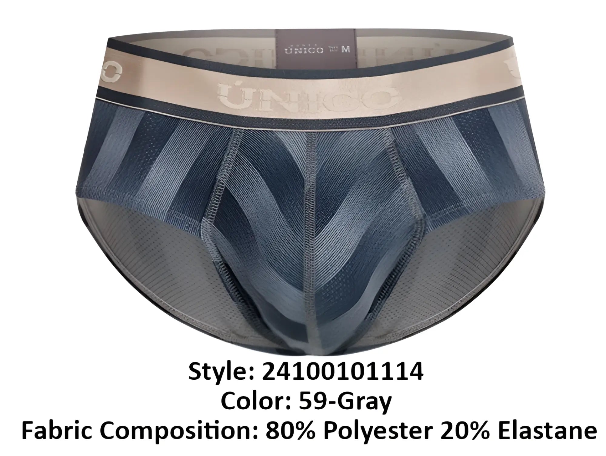Unico 24100101114 ejes briefs in blue and gray pattern with beige waistband featuring brand logo