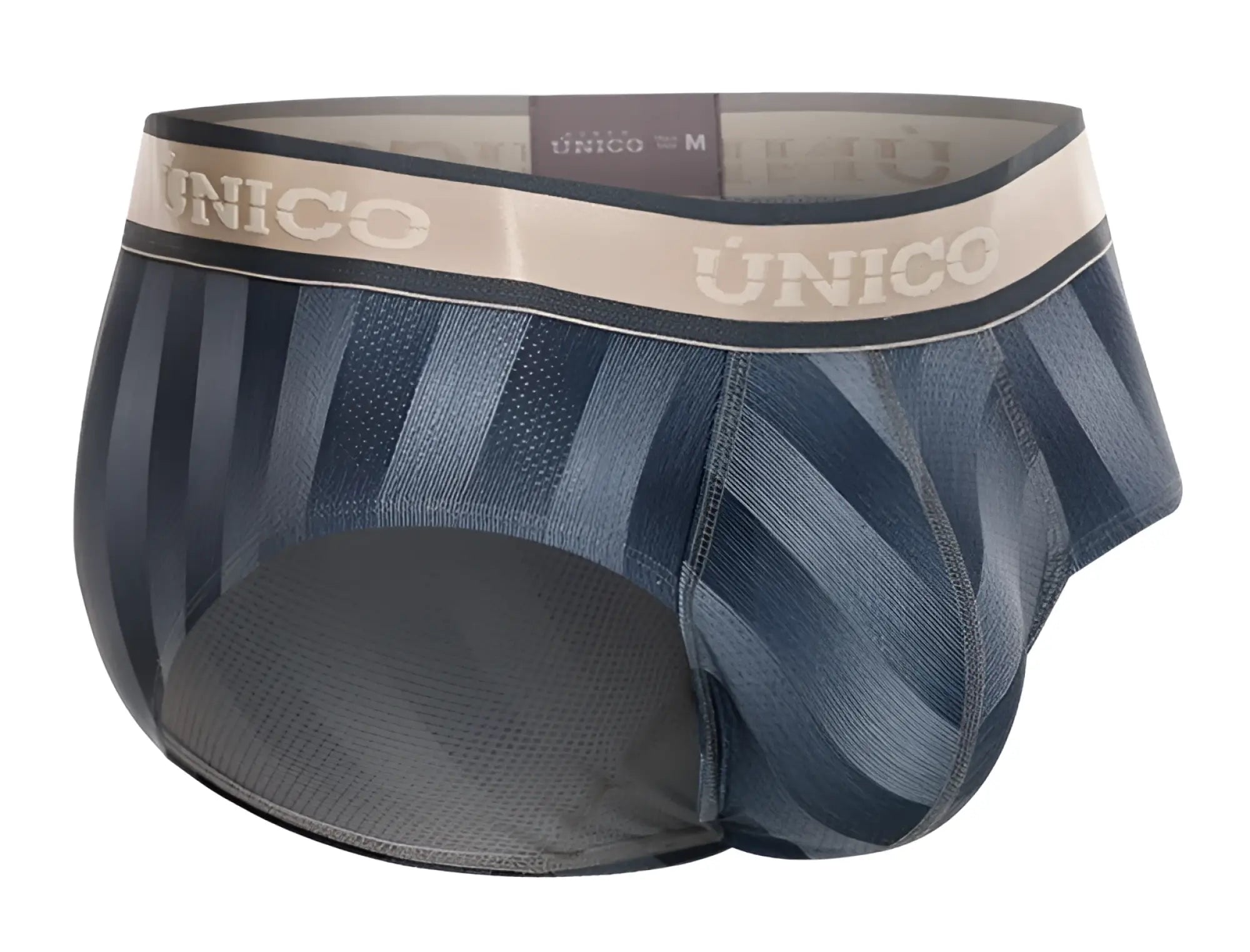 Blue striped men’s briefs with beige waistband featuring único brand in gray from unico 24100101114 ejes briefs collection