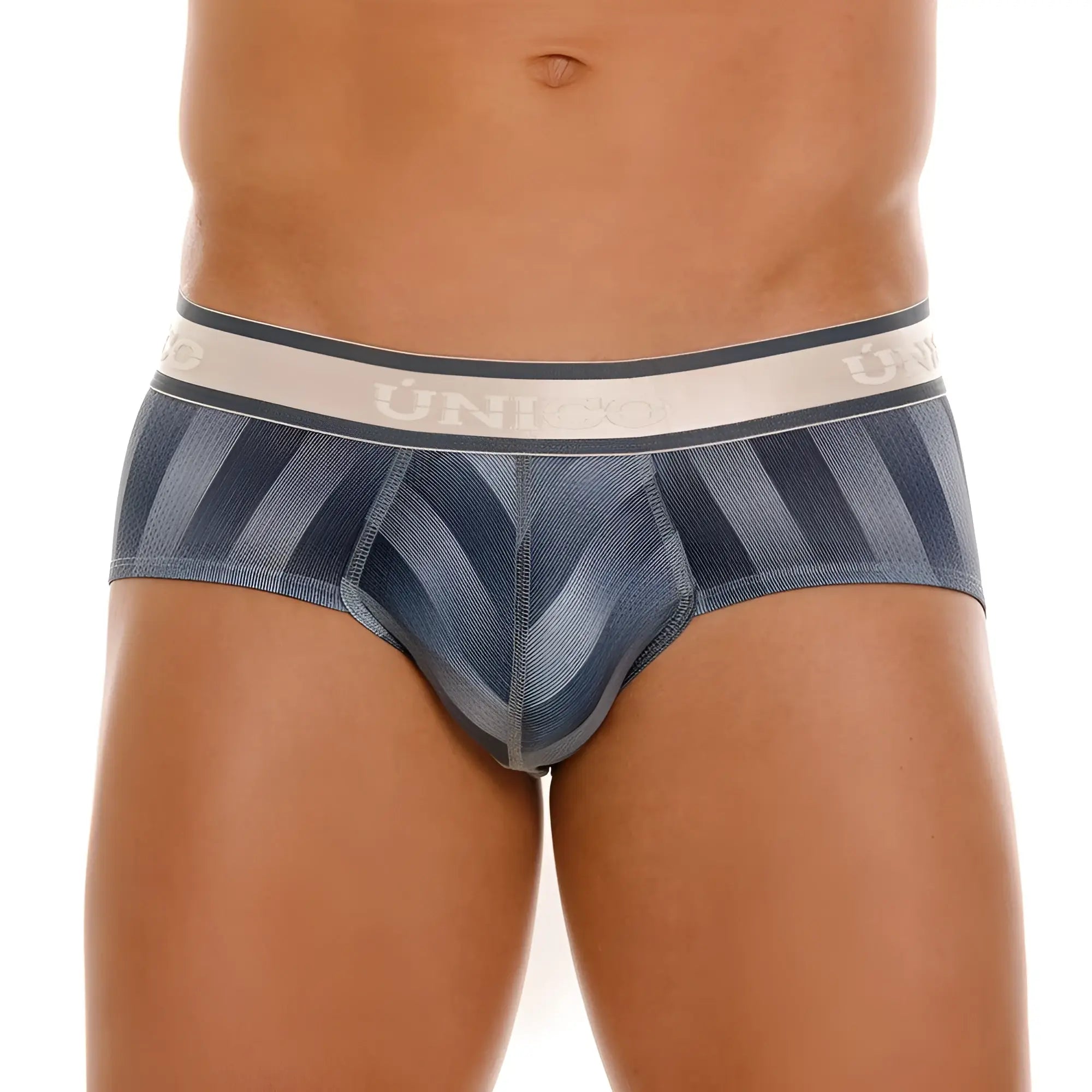 Blue and gray striped men’s briefs with white uniqlo waistband in unico 24100101114 ejes briefs color 59 gray