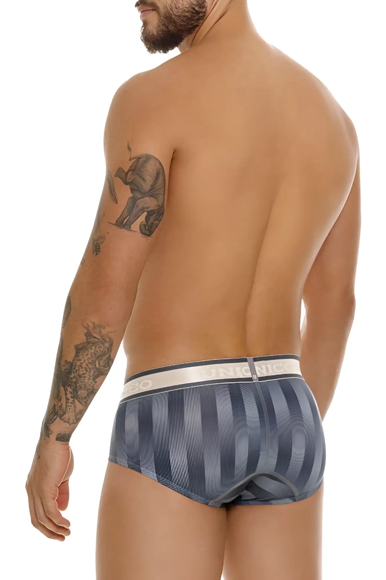 Unico 24100101114 Ejes briefs in blue and gray stripes with white waistband featuring brand name for men