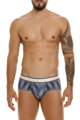 Blue and gray striped men’s briefs with white elastic waistband featuring the unico brand logo color 59 gray