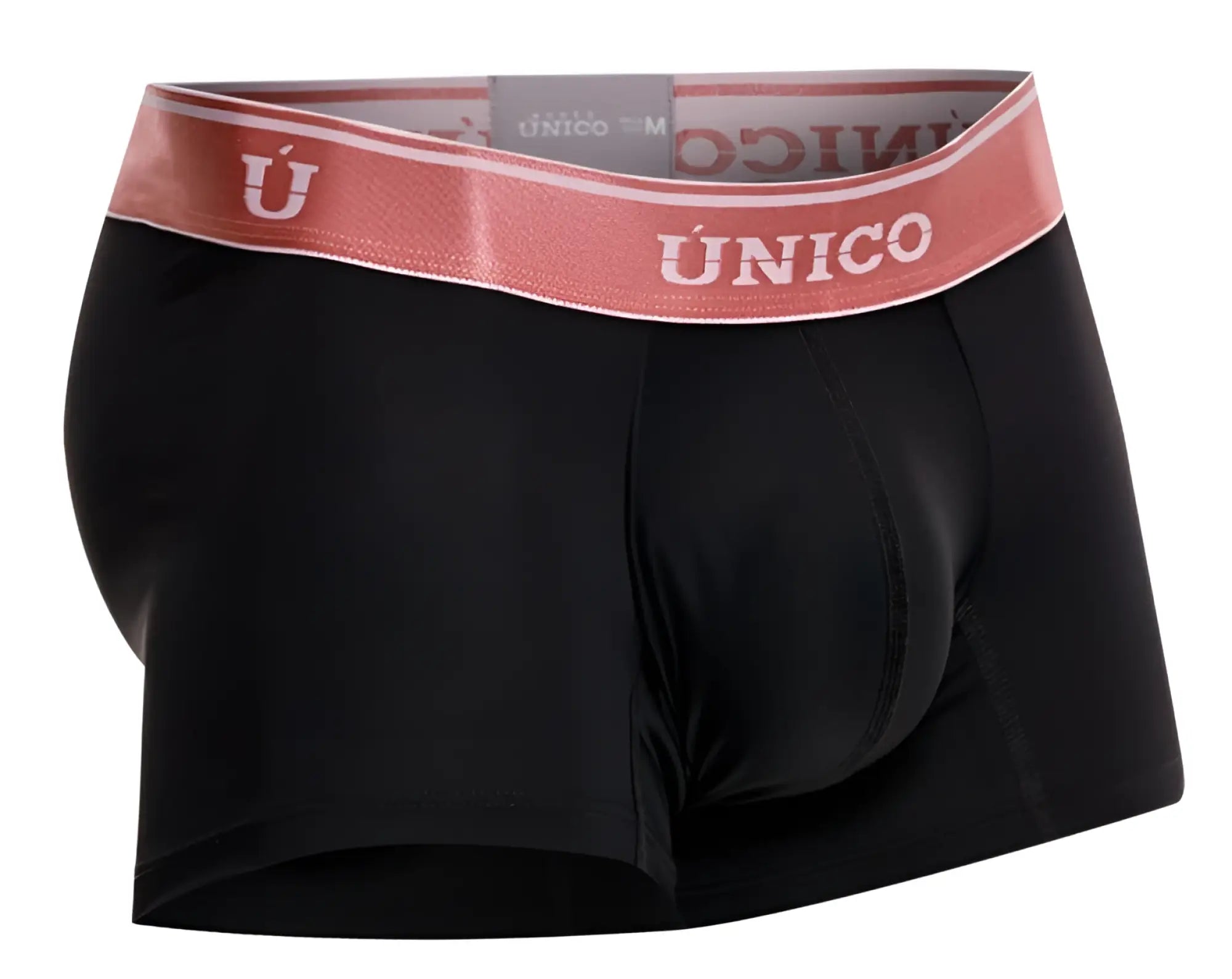 Black unico men’s boxer briefs with pink waistband and white brand name featuring oro rosa trunks color 99-black