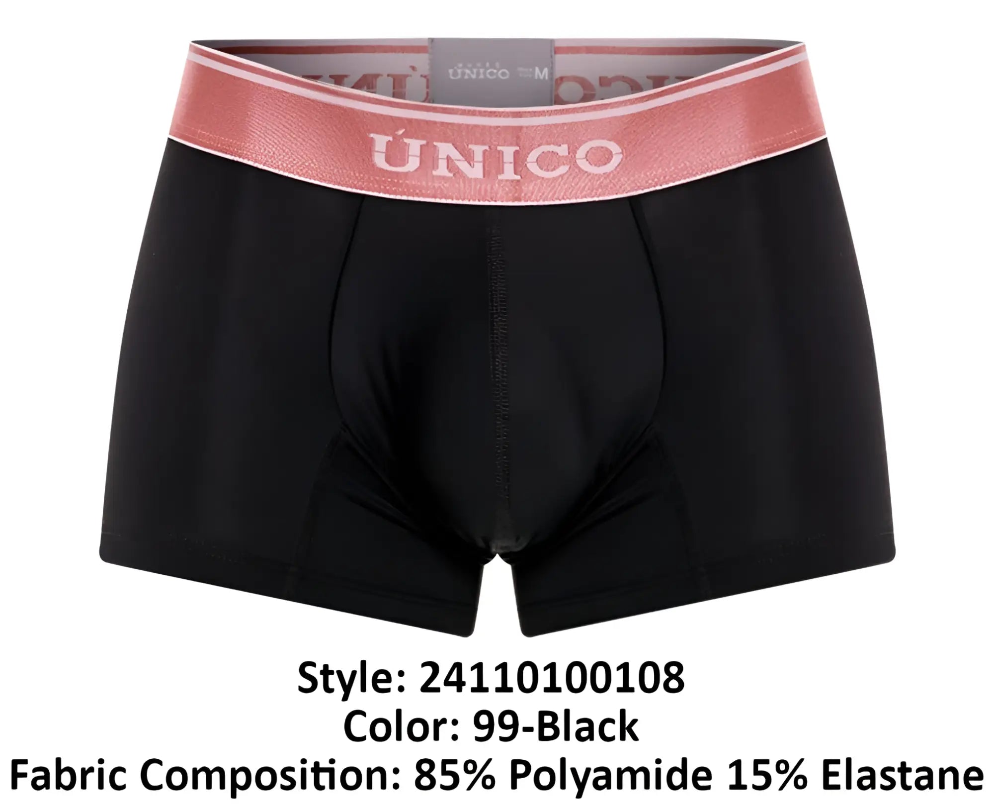 Black unico men’s boxer briefs with a pink elastic waistband featuring white brand name lettering in oro rosa trunks color 99-black