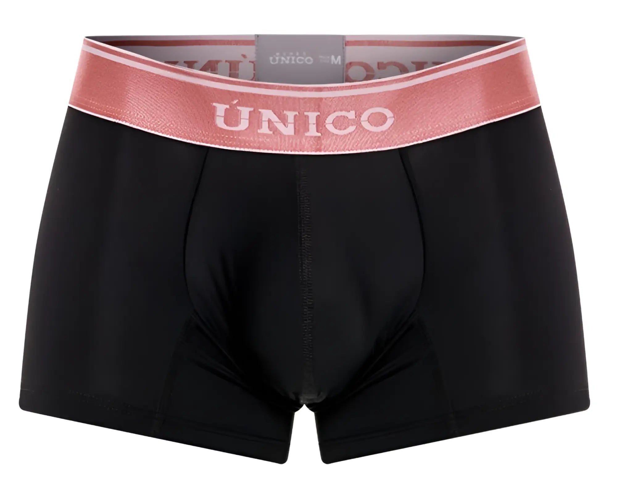 Black unico mens boxer briefs with pink elastic waistband featuring brand name in white lettering oro rosa trunks color 99 black